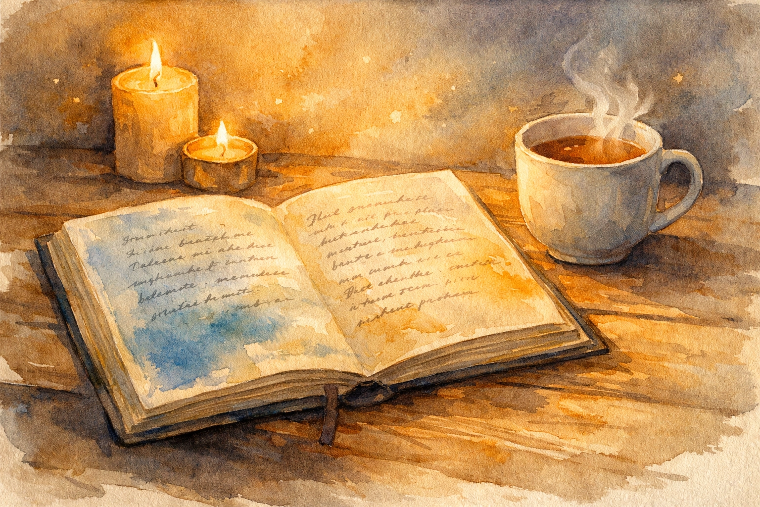 Open prayer journal and tea by candlelight for night-time spiritual reflection