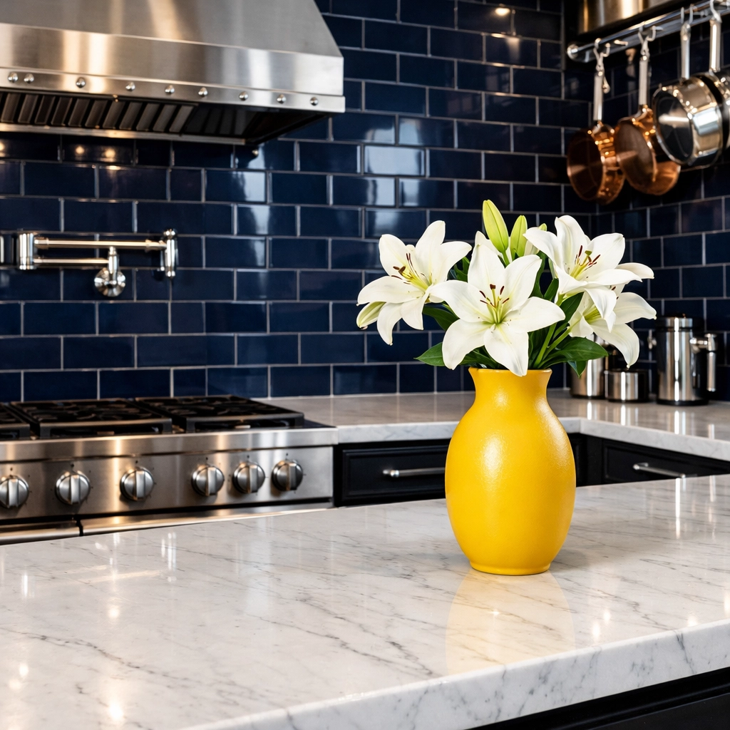 Polished white marble kitchen island in a Rutland home showing high-quality professional cleaning.