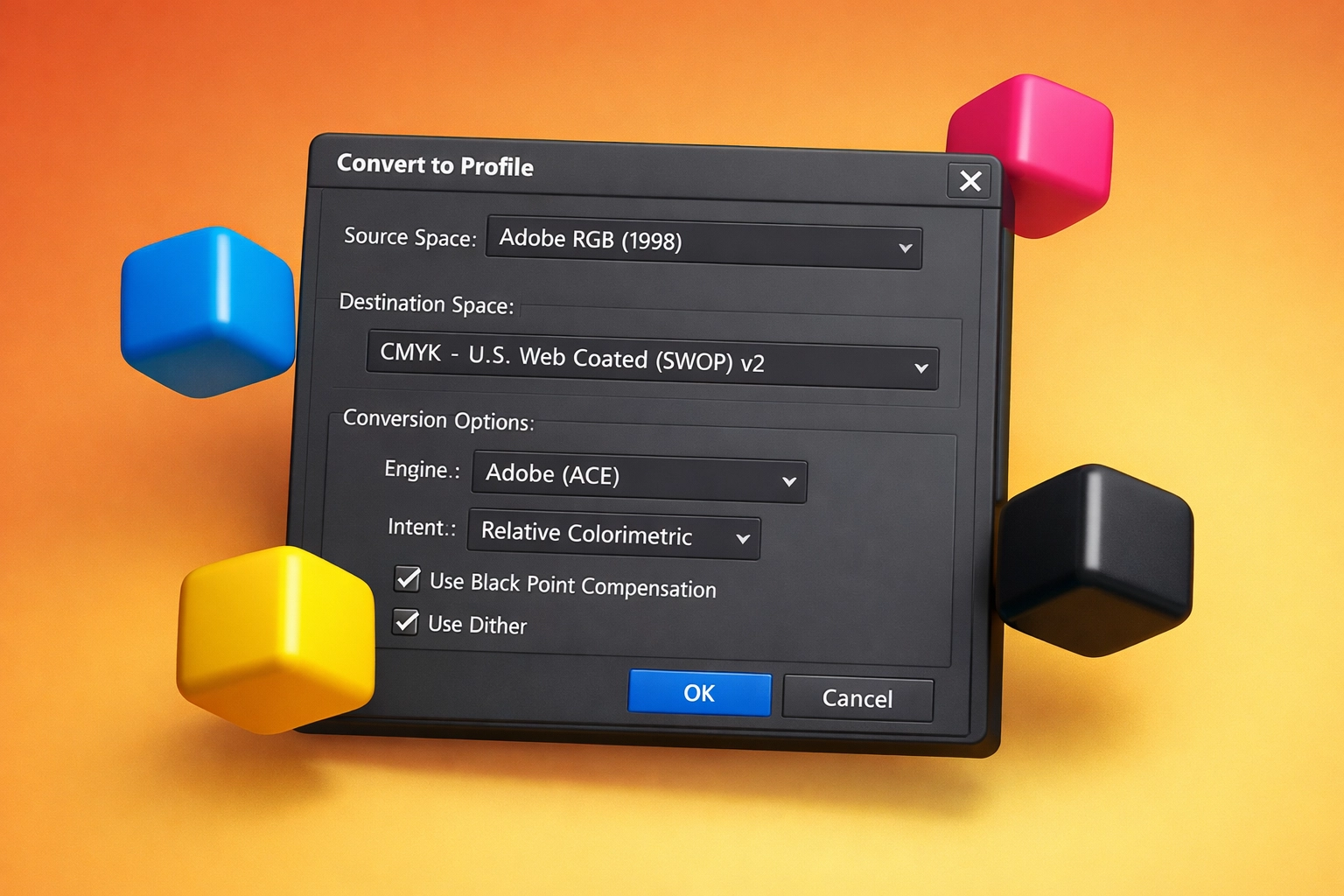 Adobe Photoshop Convert to Profile dialog with CMYK color profile selection options