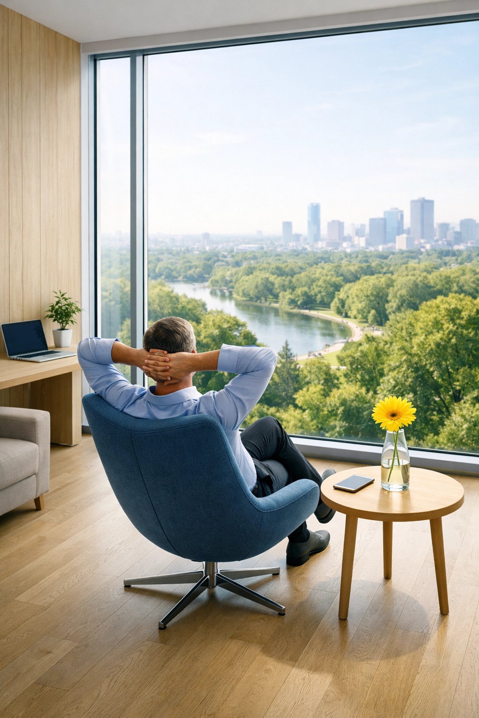 Productive fundraiser in a modern office lounge, benefiting from efficient AI-powered calling tools.