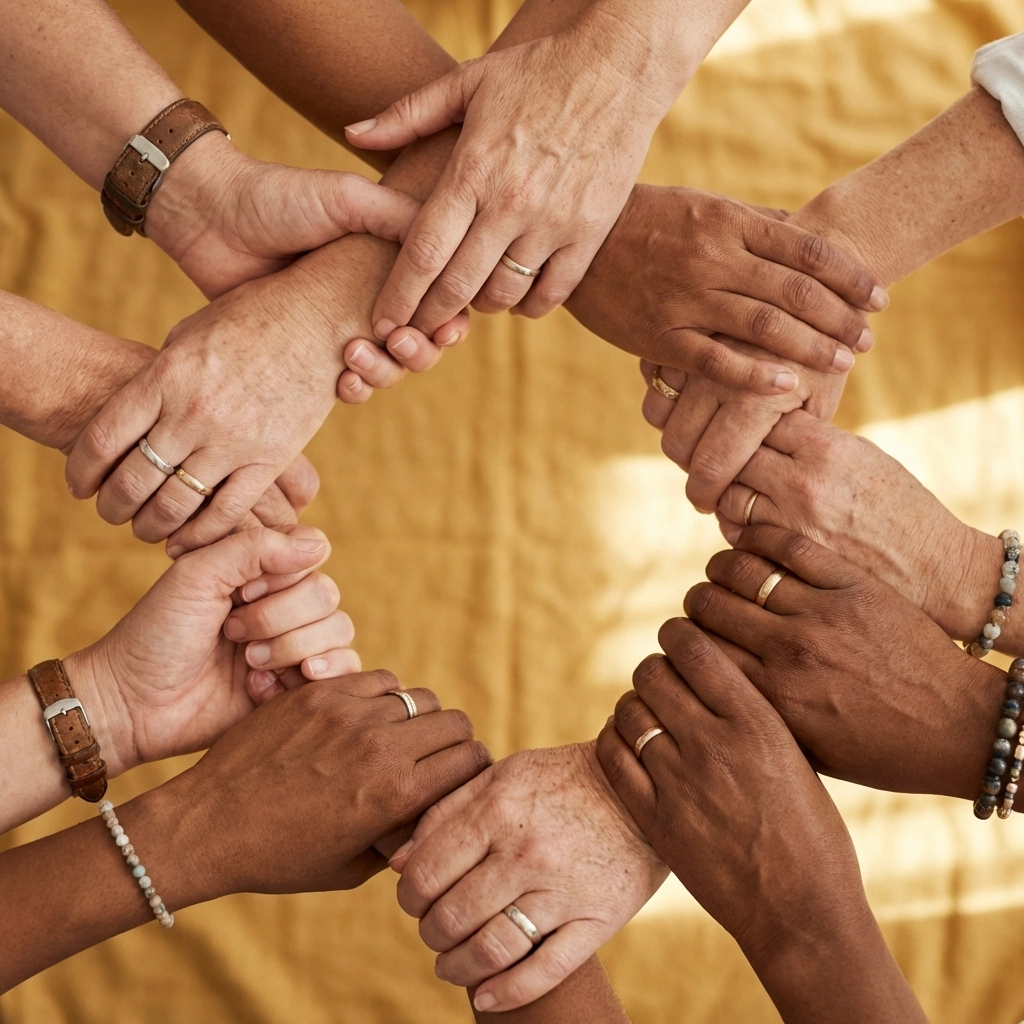 A photo of diverse women's hands interlocking in a circle.