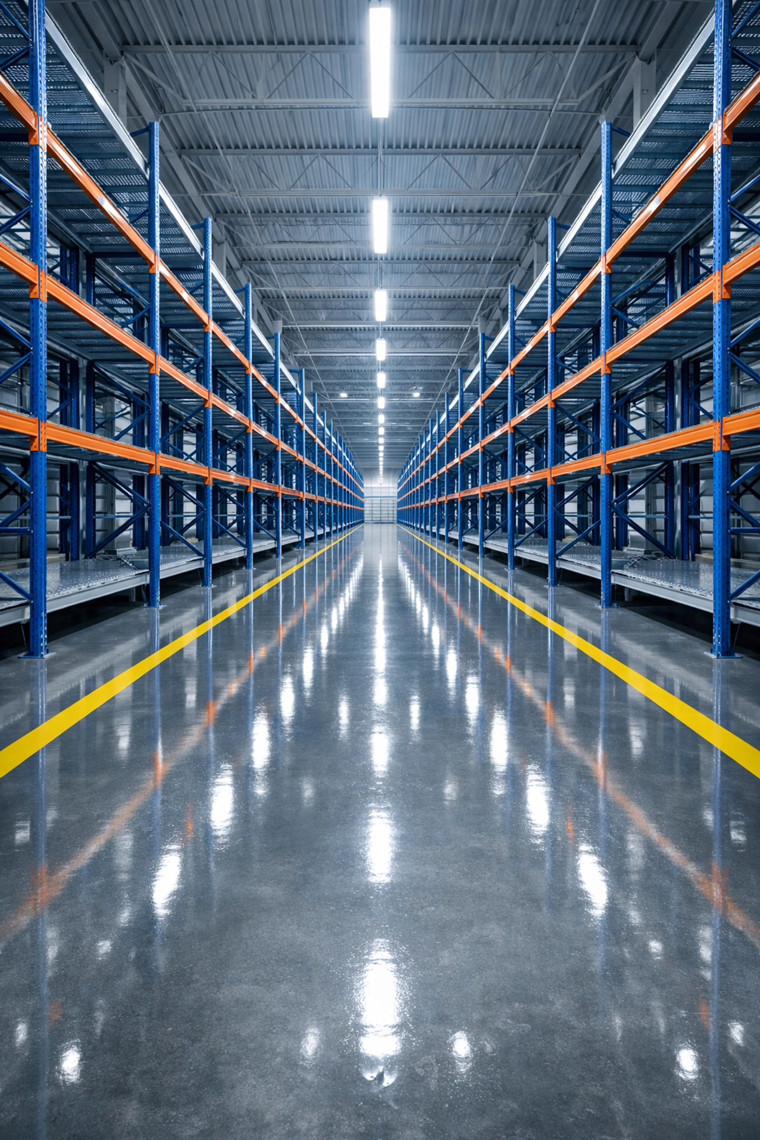 Clean Massachusetts warehouse interior with polished concrete floors and organized industrial shelving units.