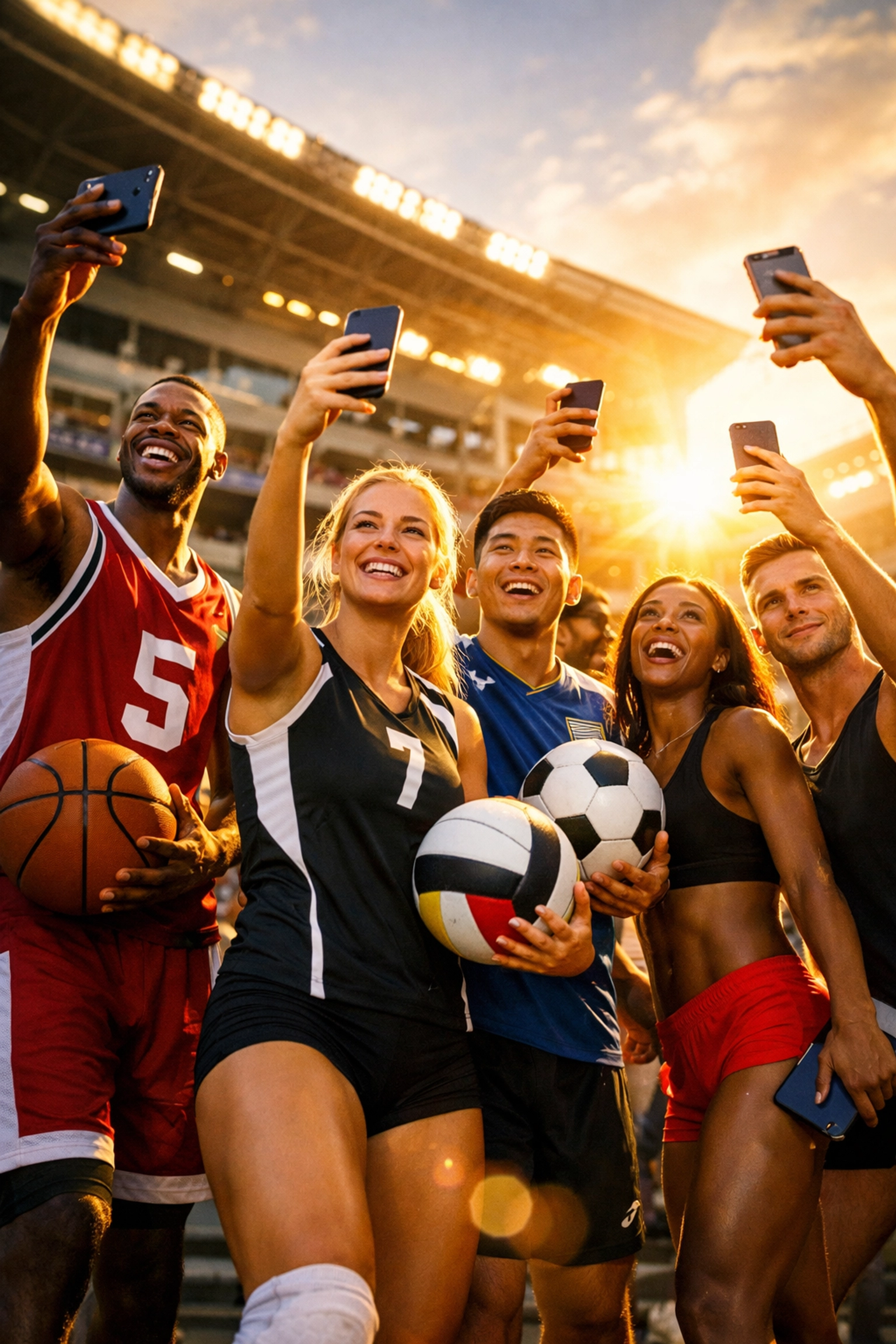 College athletes from multiple sports creating NIL content on smartphones in stadium setting