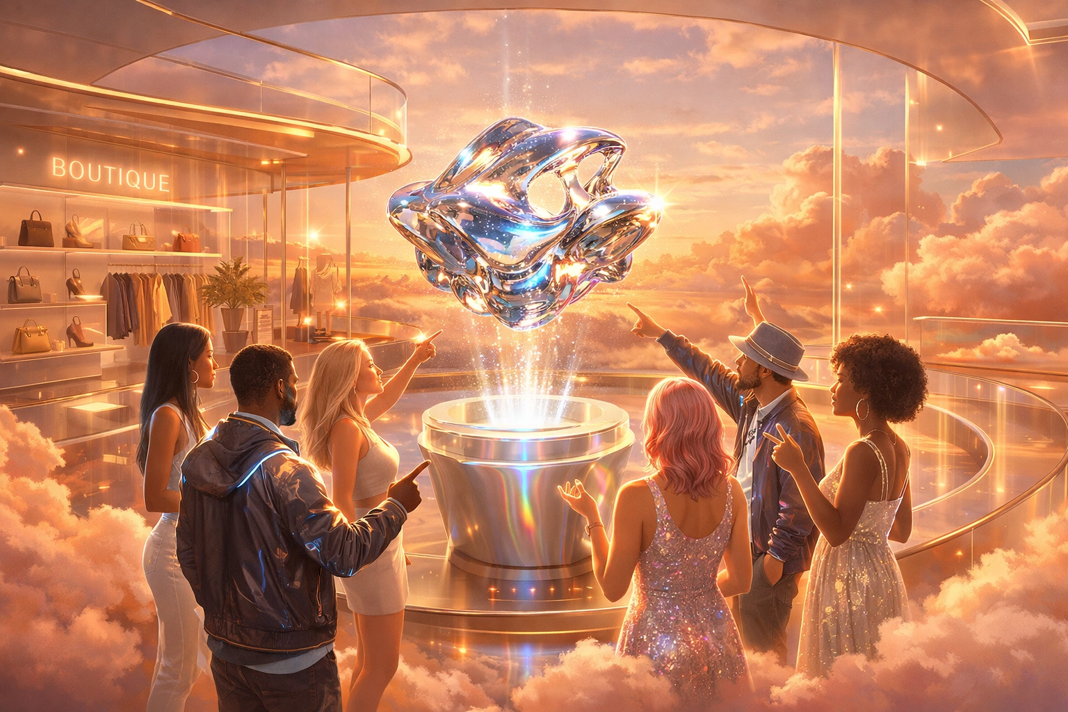 Collaborative metaverse shopping experience with avatars interacting in a luxury virtual storefront using Larecoin.ai.