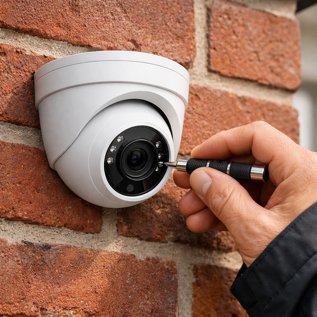 Professional installation of a sleek white turret CCTV camera on a red-brick Yeovil property.