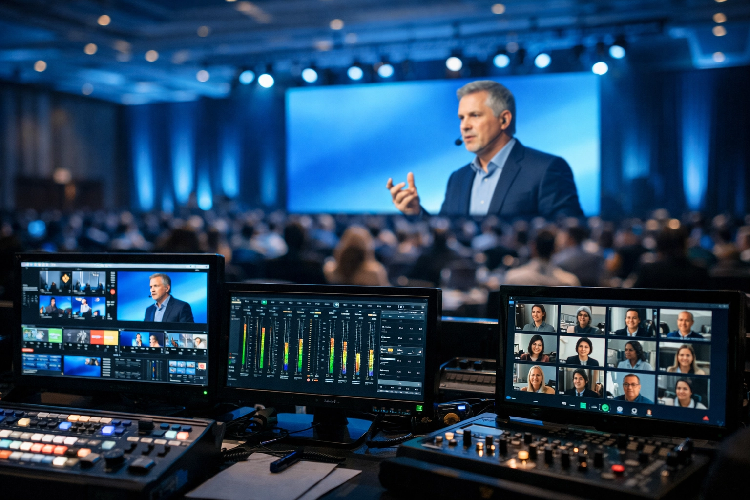 Technical AV control desk managing a corporate hybrid event with LED screen hire and live streaming feeds.