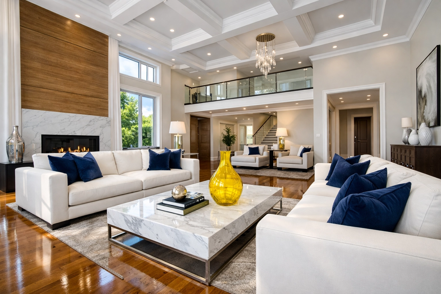 Pristine luxury living room with hardwood floors showing the results of professional House Cleaning Shirley MA.