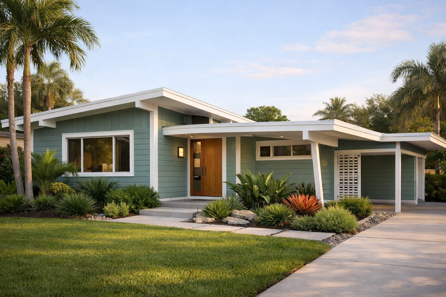 Florida home with Halcyon Green exterior paint and white trim showing modern curb appeal