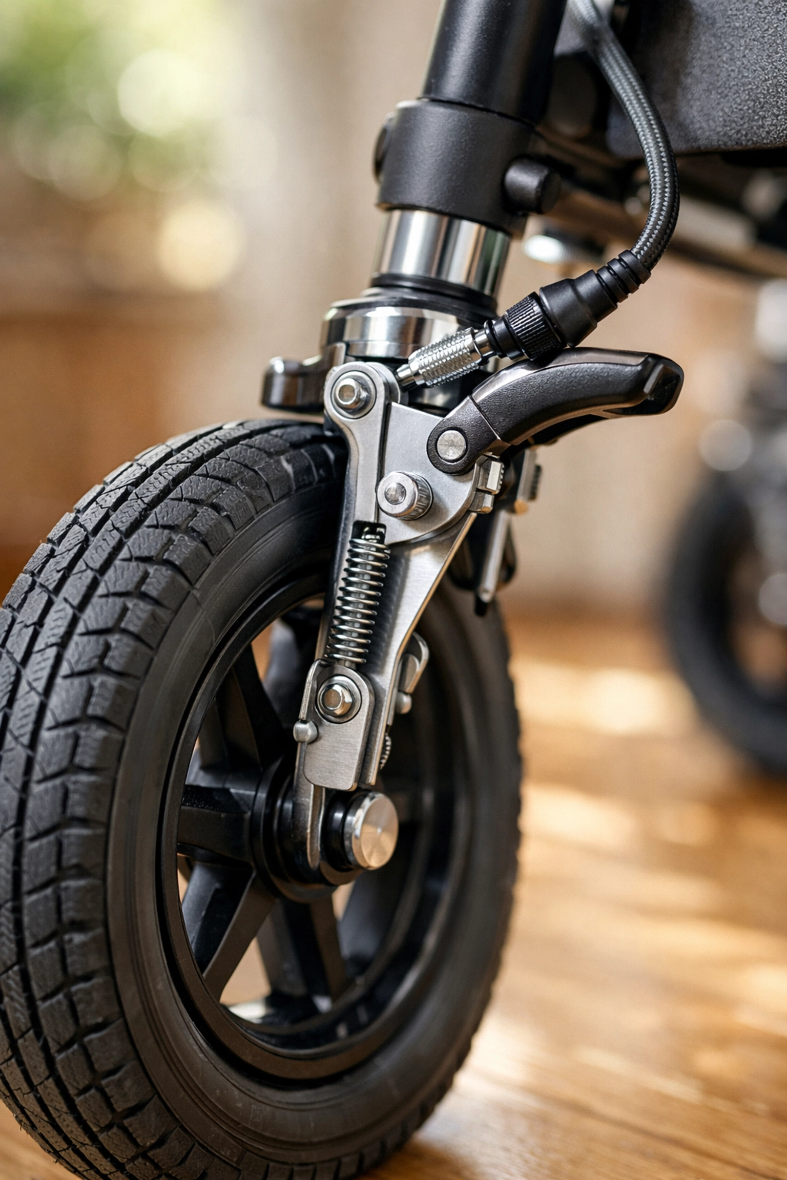 Detailed view of a rollator walker brake and wheel system for essential safety maintenance and inspection.