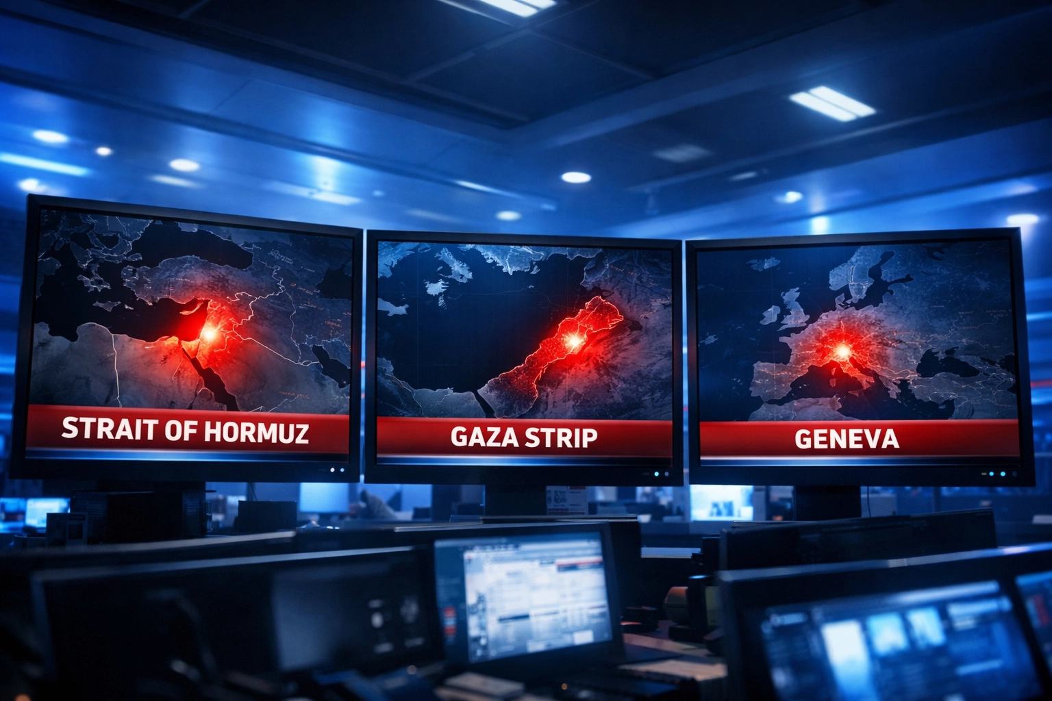 News monitors displaying three breaking global crisis zones: Iran, Gaza, and Ukraine negotiations