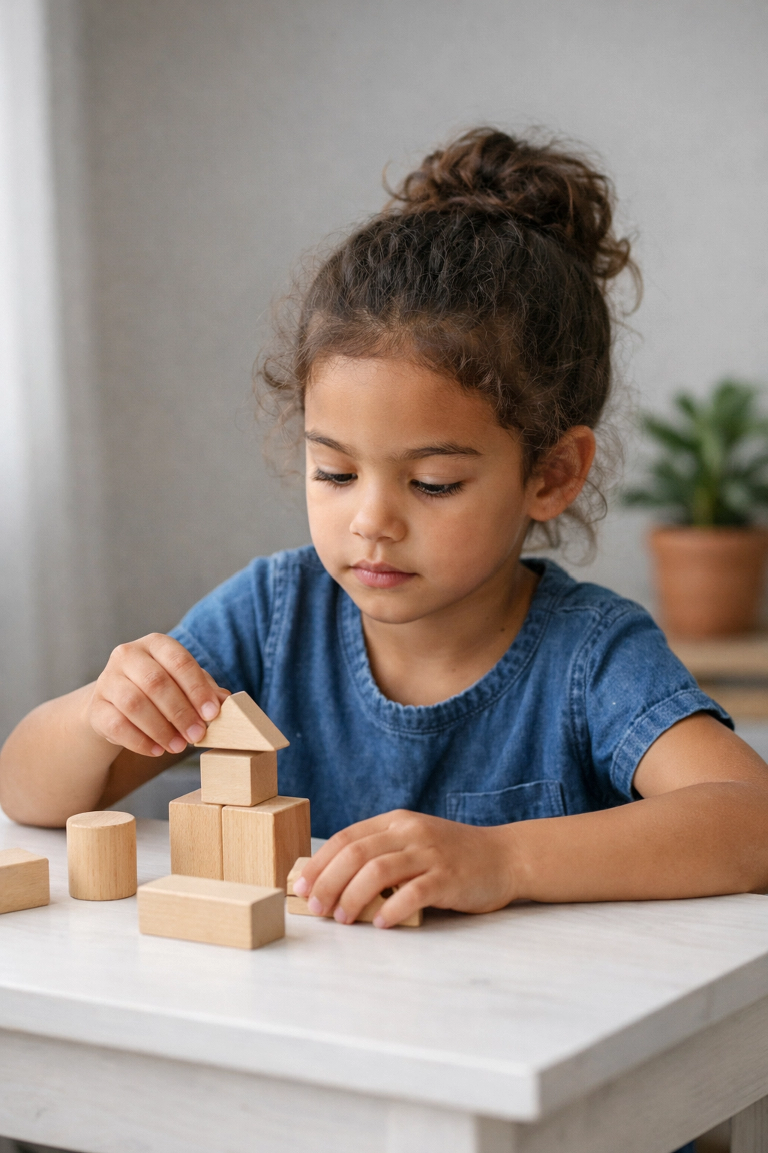 Meisje geconcentreerd aan een bureau met houten blokken ter illustratie van executieve functies verbeteren bij een kind.