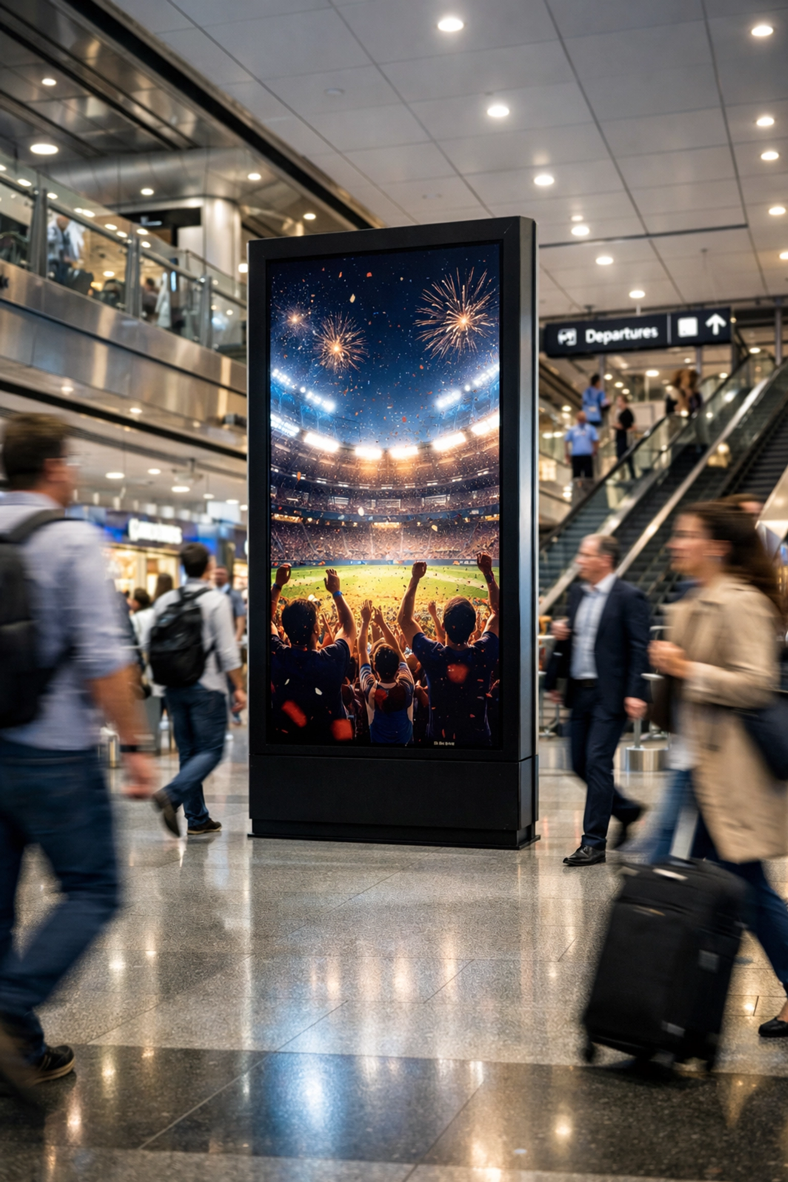 Digital sports advertising screen in a busy transit hub capturing fans on their travel journey.