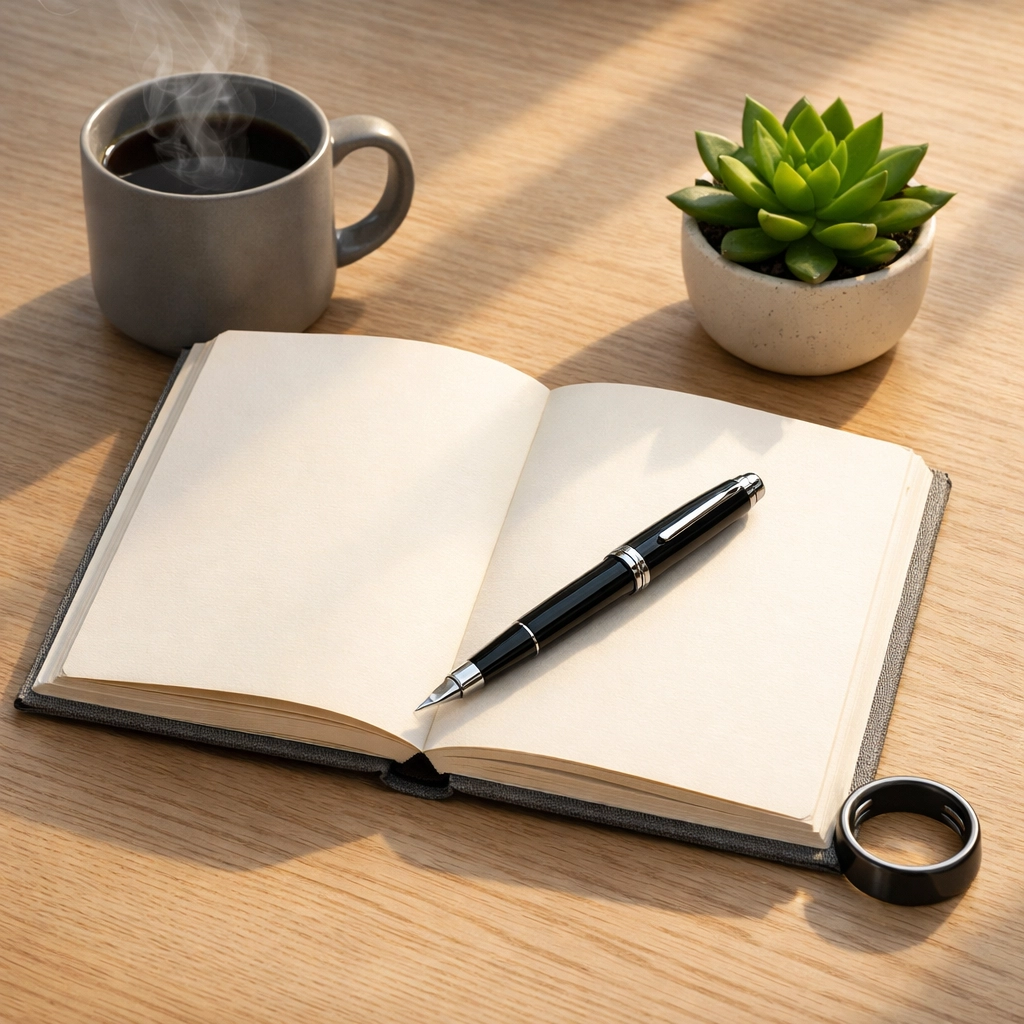 Minimalist morning desk setup with an open journal and coffee, symbolizing a calm start to the day.