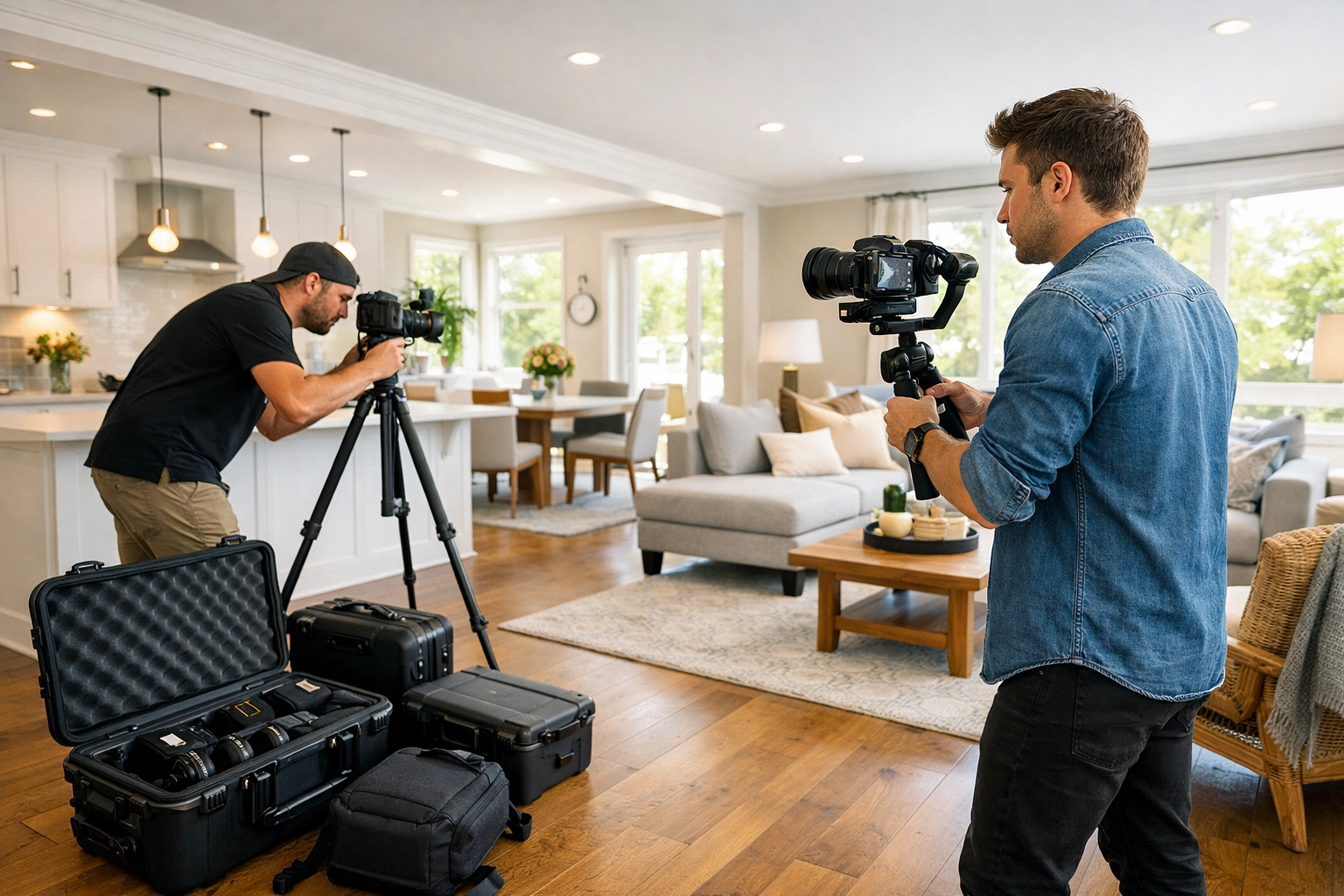 Professional real estate photography team coordinating video and photo shoot in modern home