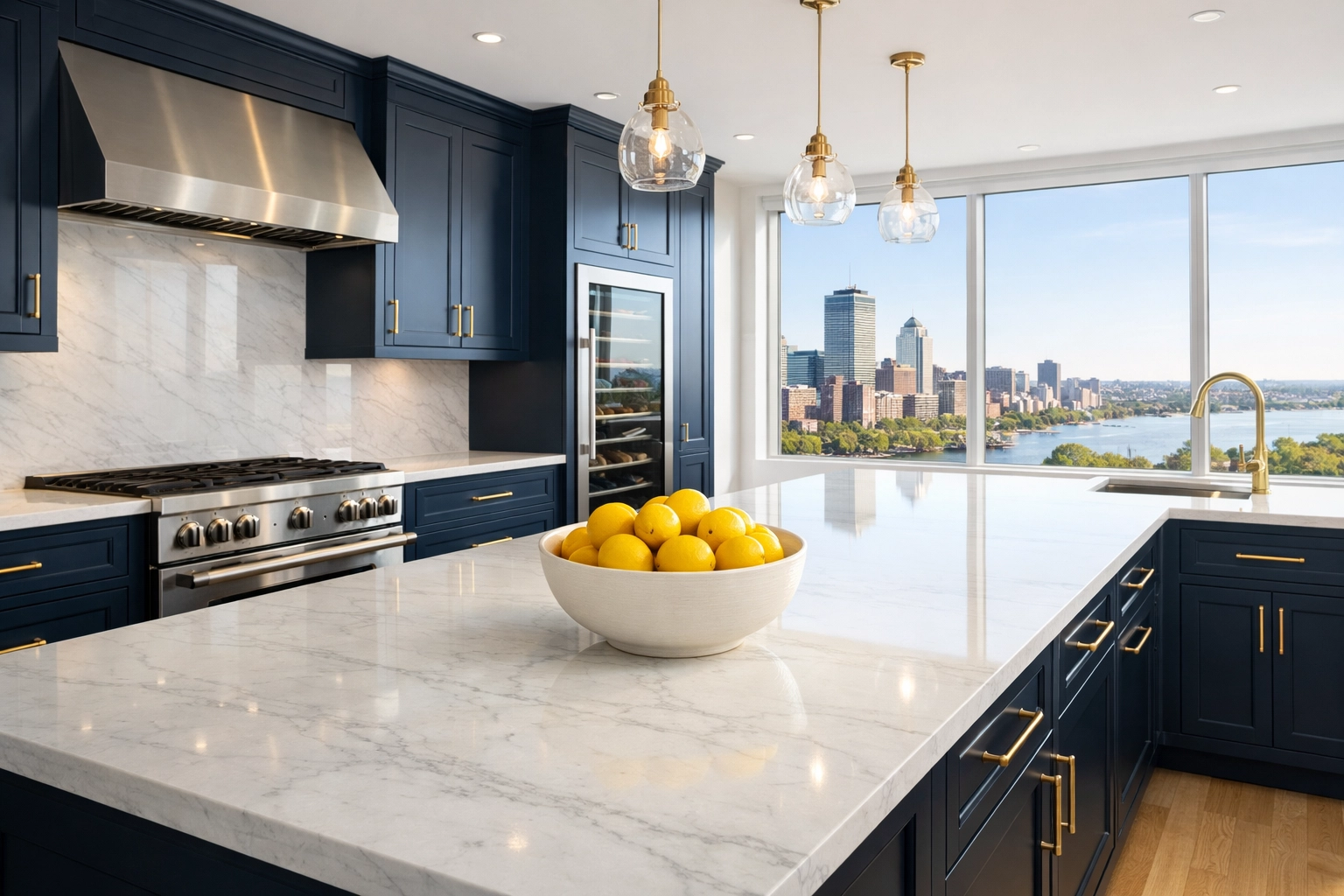 Pristine white marble kitchen in a luxury Boston apartment after professional Apartment Cleaning Massachusetts.
