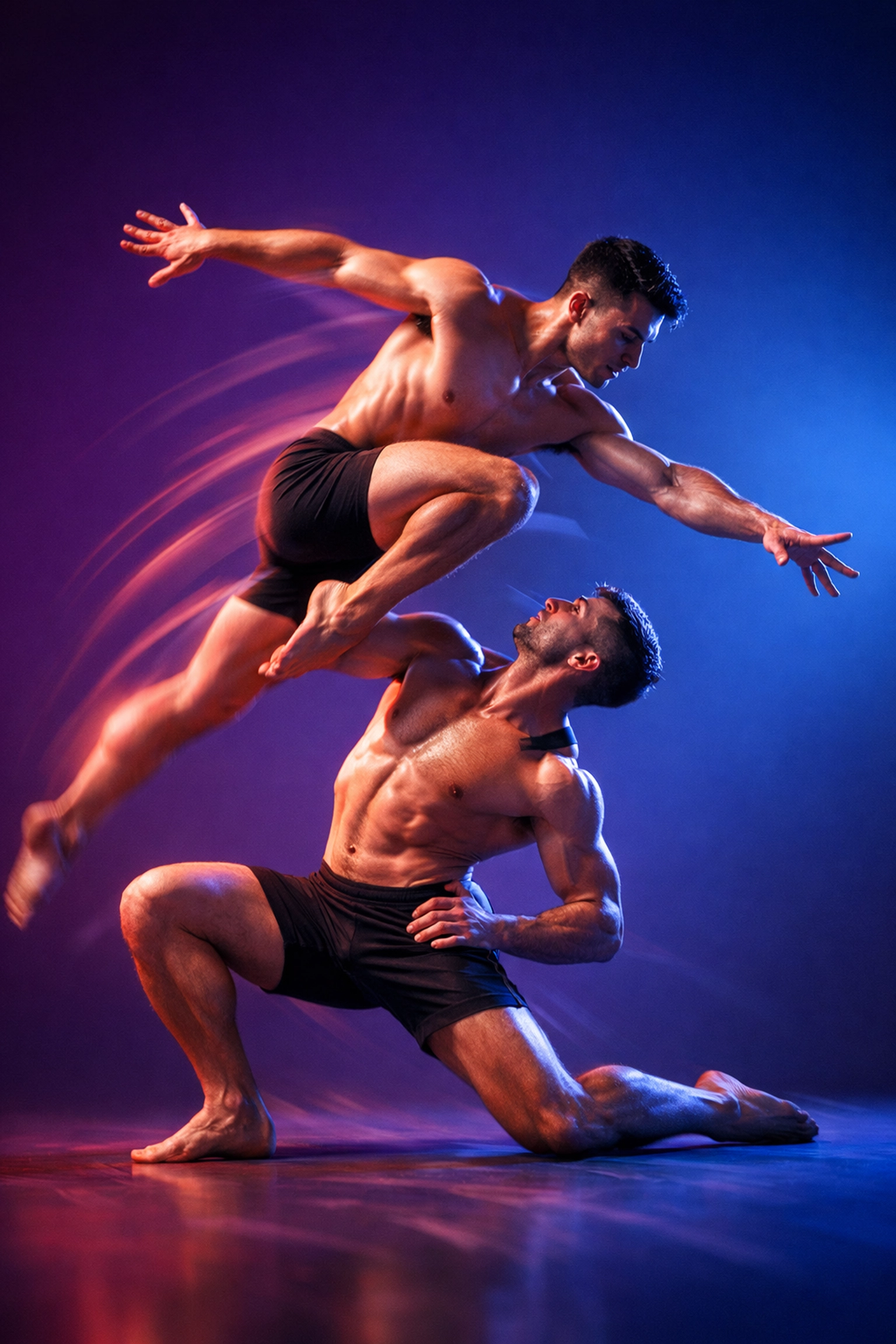 Male contemporary dancers in dynamic partnership pose - modern dance MM romance
