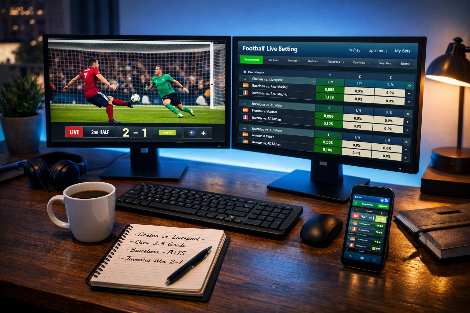 Sportwetten-Arbeitsplatz mit Highlights und Live-Quoten auf zwei Monitoren