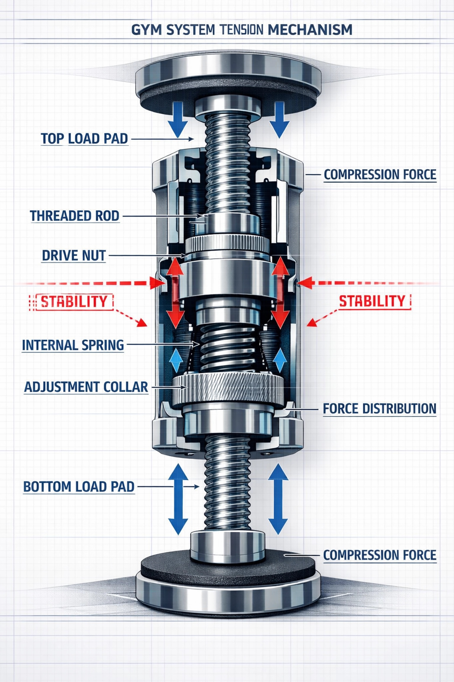 Floor-to-ceiling gym system tension mechanism showing no-drill installation design
