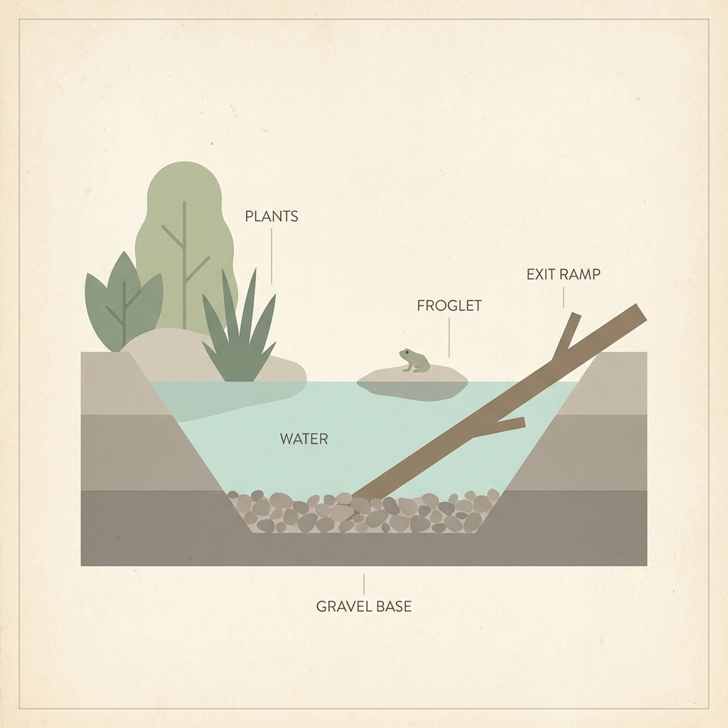 Cross-section illustration of a backyard observation pond with gravel, plants, branch exit ramp, and a froglet on a rock.
