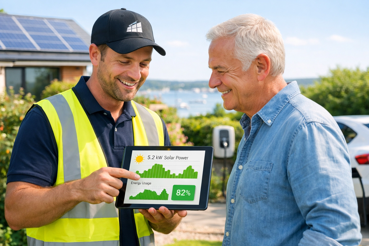 Expert renewable energy installer discussing solar performance data with a homeowner in a garden in Poole.