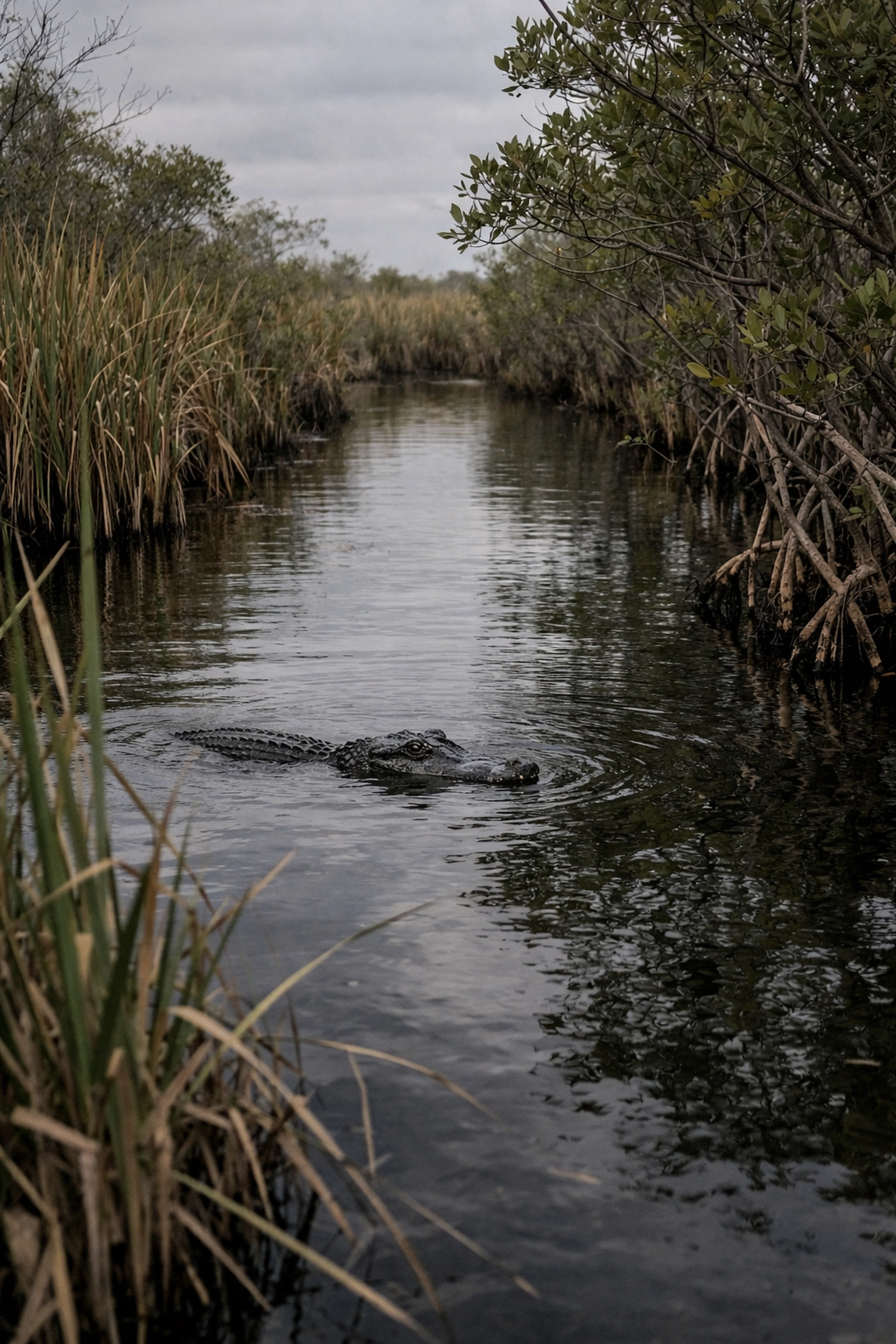 Authentic Everglades photography featuring a wild alligator in a scenic Florida waterway.