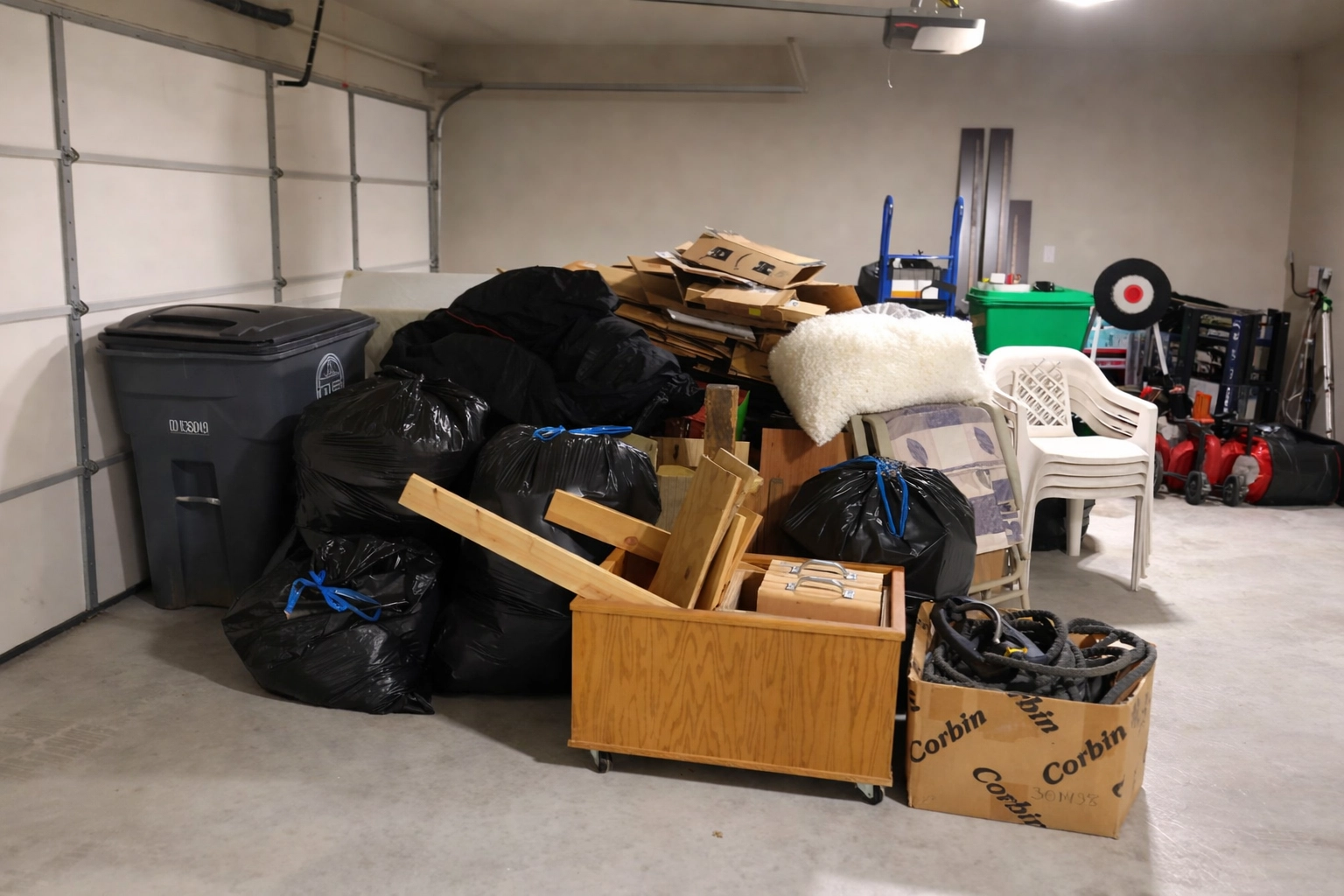 Cluttered garage packed with stuff in Tulsa, showing how fast junk can pile up before a cleanout.