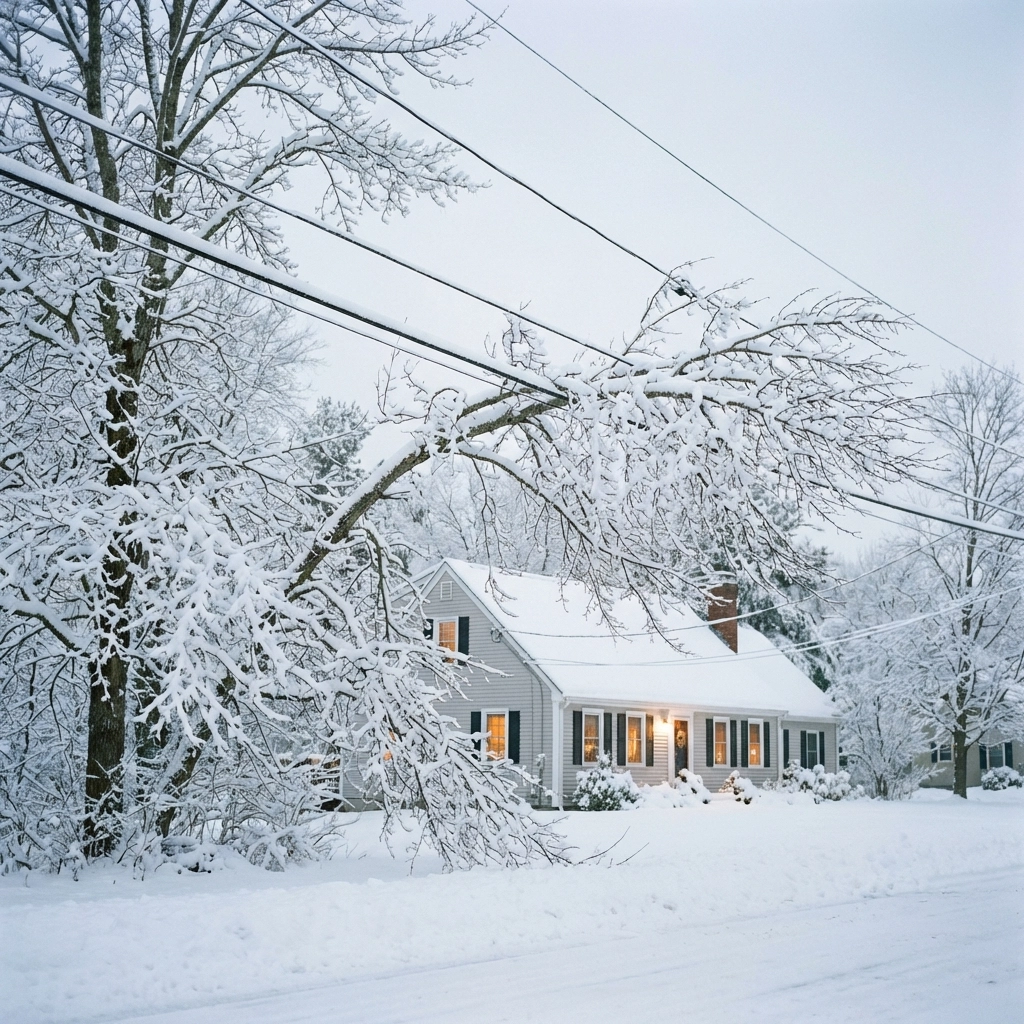 Snow-covered Maine neighborhood after winter storm with power lines down, showing local outage risks near Biddeford ME