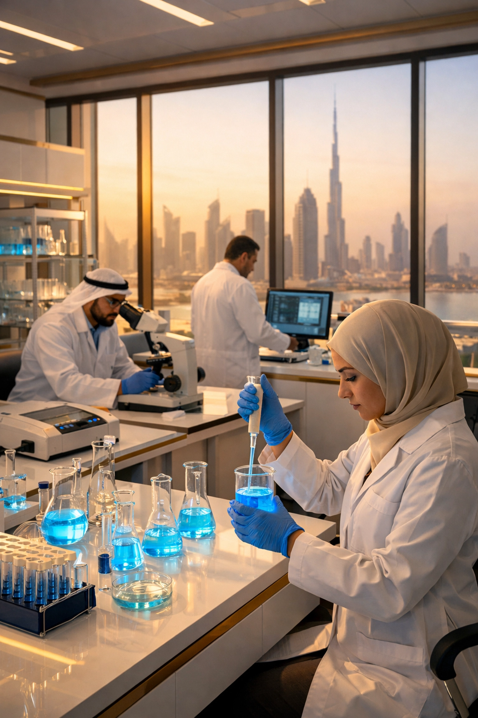 Modern biotech laboratory in the Middle East with scientists conducting research