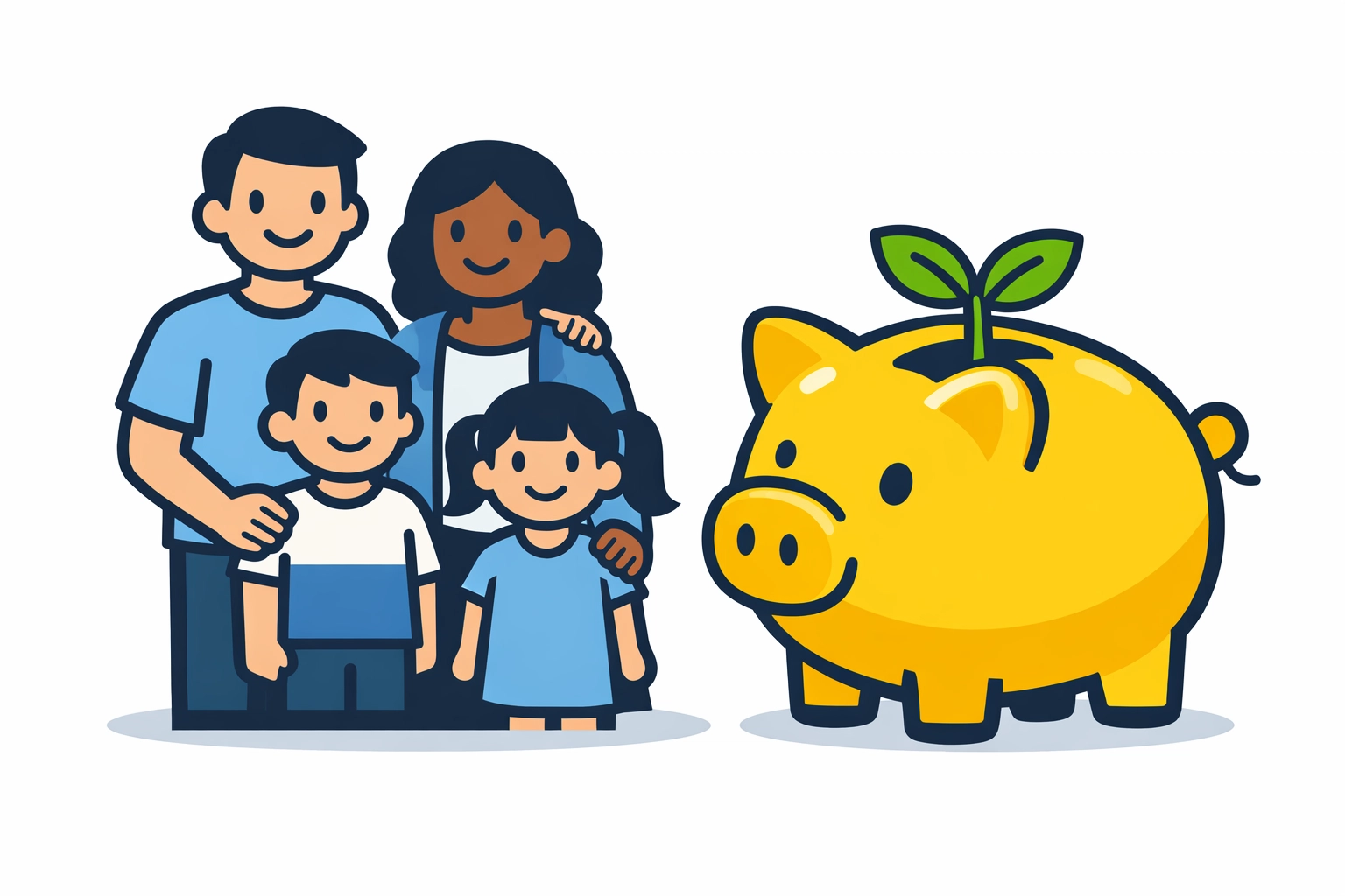 Family with a piggy bank symbolizing the 2026 tax update and the impact of the Child Tax Credit on refunds.