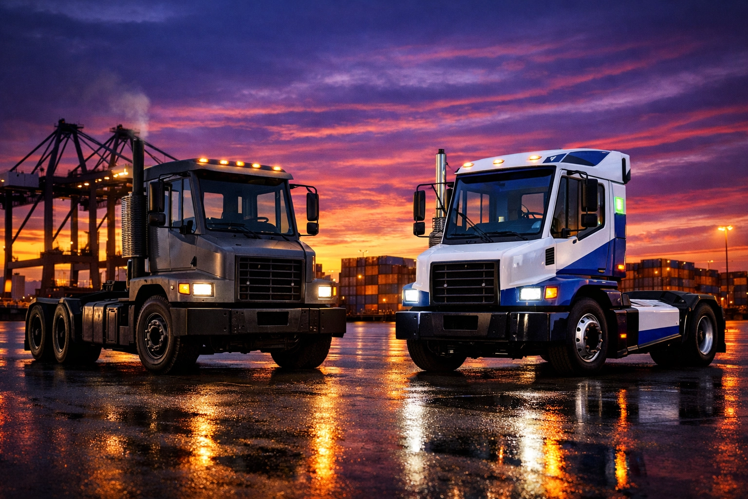 Diesel and electric terminal tractors side-by-side at a Texas shipping port during sunset.