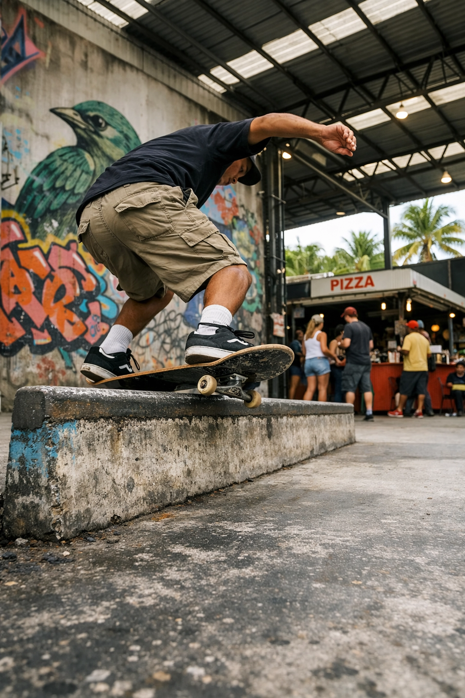 Local skateboarder at SkateBird Miami surrounded by urban art, one of many fun creative things to do in Miami.