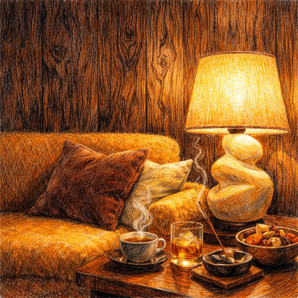 Luxury hospitality design lounge with an ochre mohair sofa and warm ambient lighting.