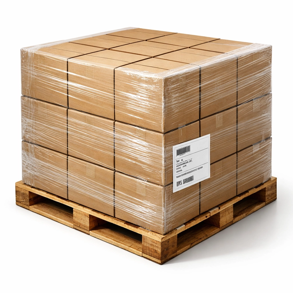 Properly packaged pallet wrapped and labeled for next-day shipping collection