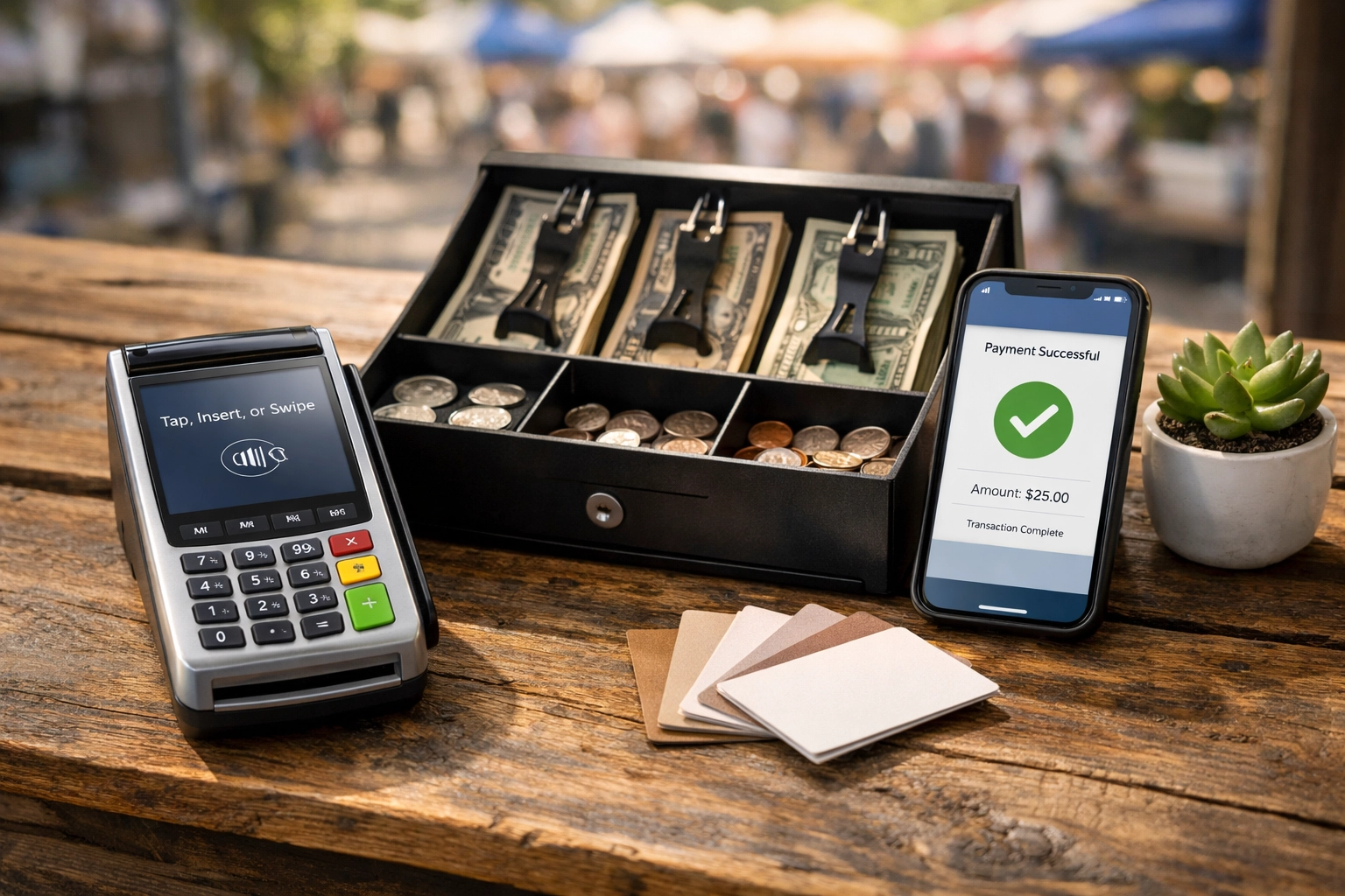 Vendor payment station with card reader, cash box, and business cards at market