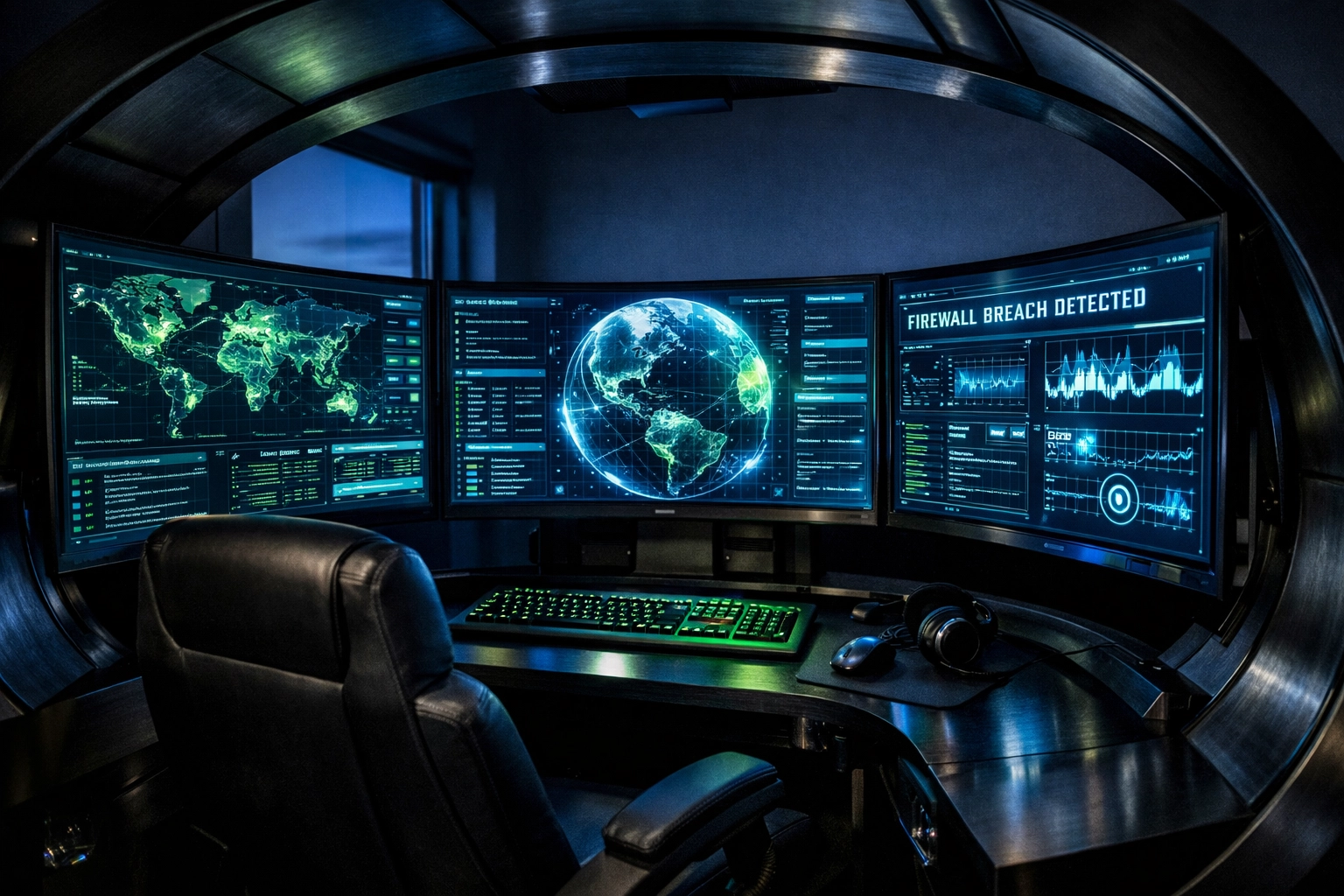 High-tech cybersecurity command pod with multiple monitors for monitoring data and network security.