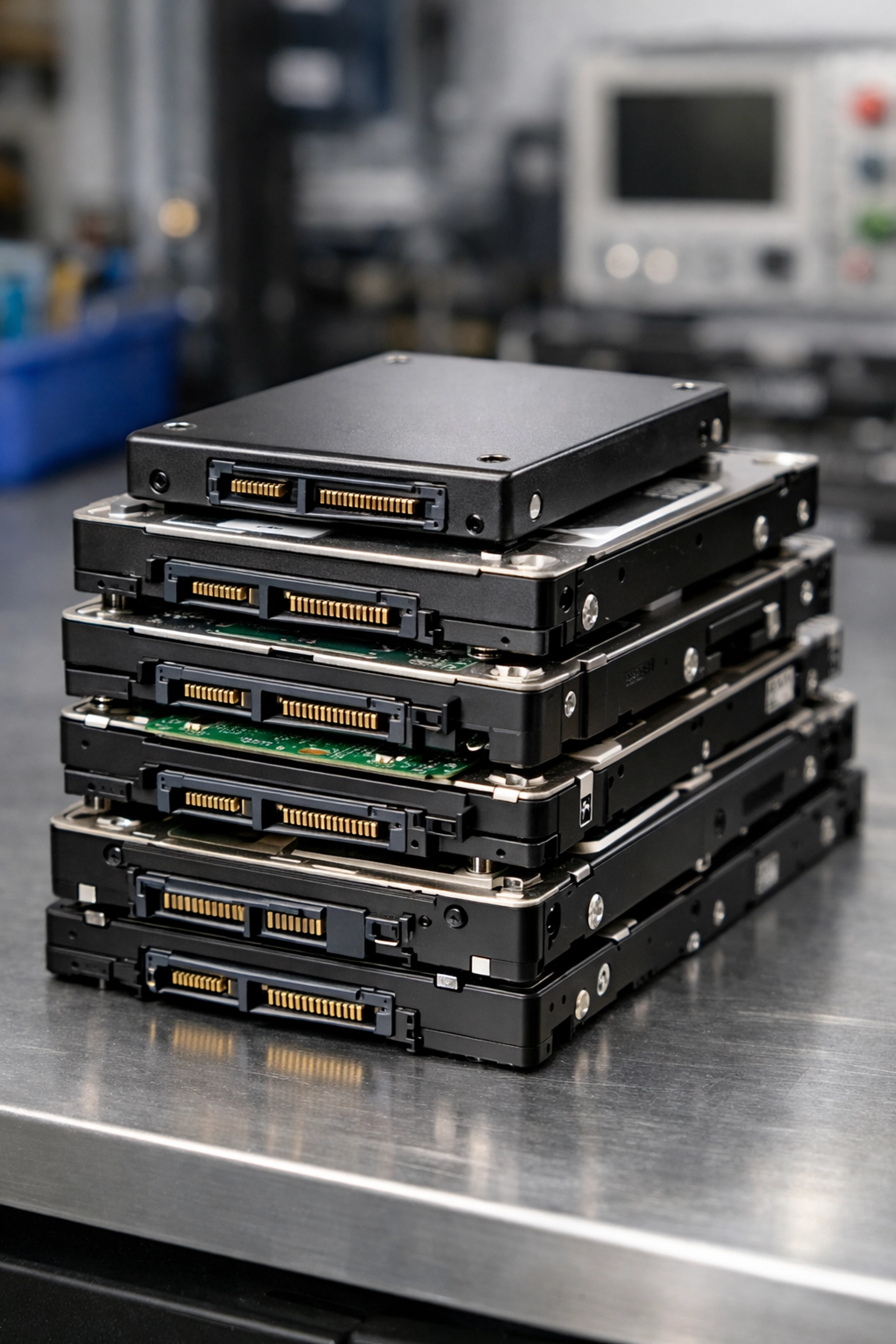 Secure data destruction of business hard drives and SSDs at a professional IT recycling center.