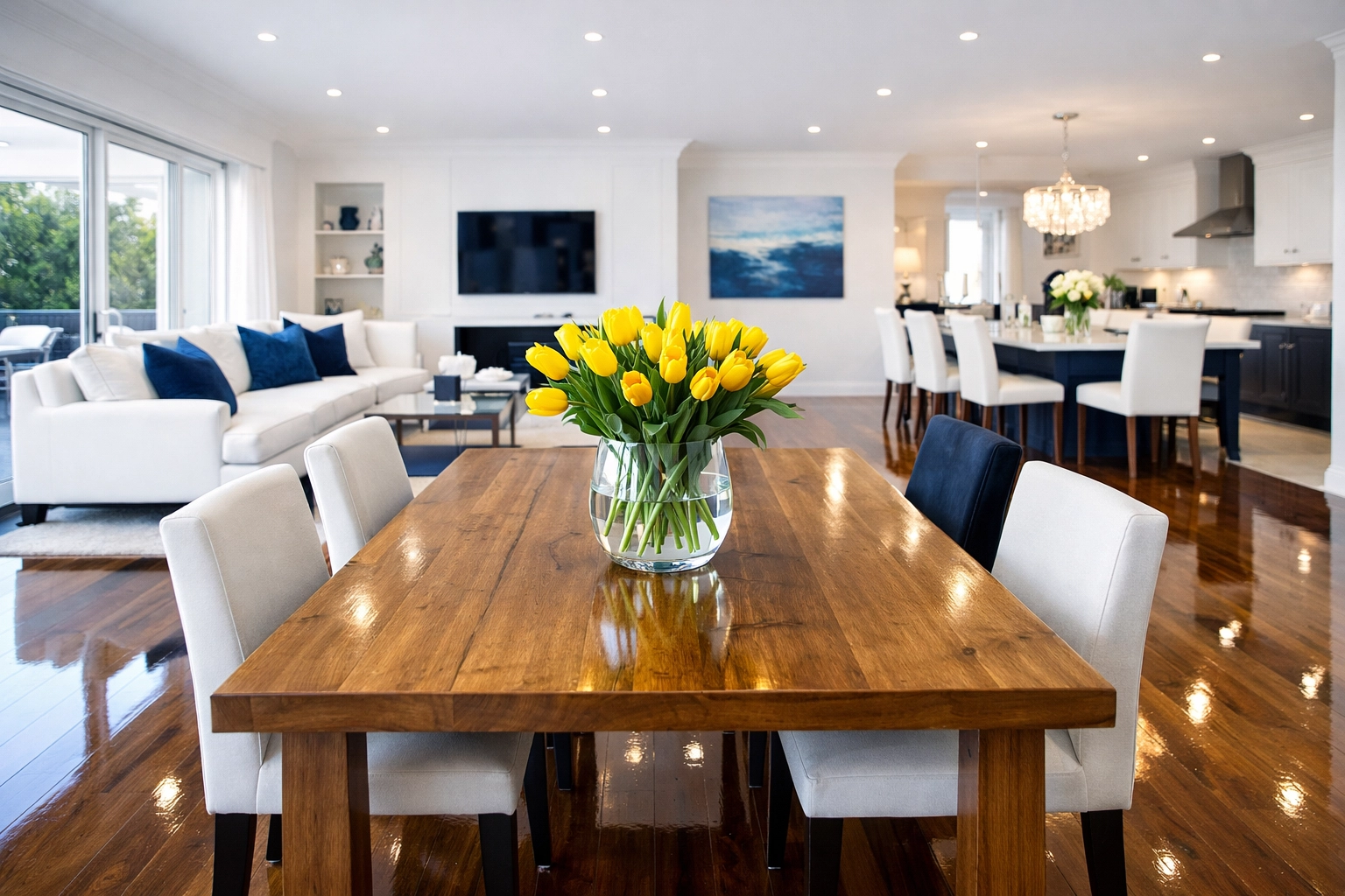 Pristine living area after deep cleaning Worcester services, showing polished floors and professional results.