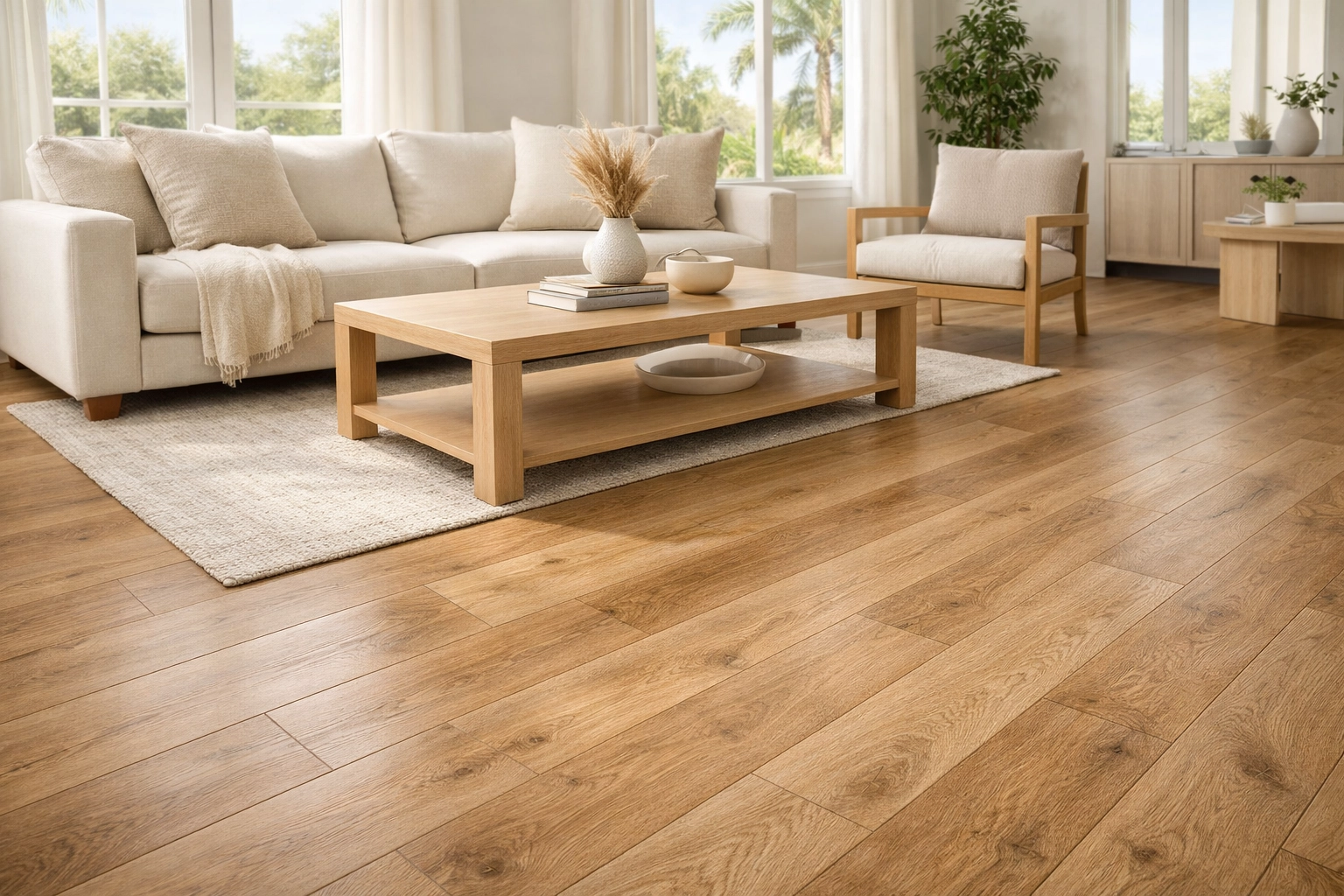 Modern living room with light oak luxury vinyl plank flooring, ideal for a durable flooring renovation in Orlando.