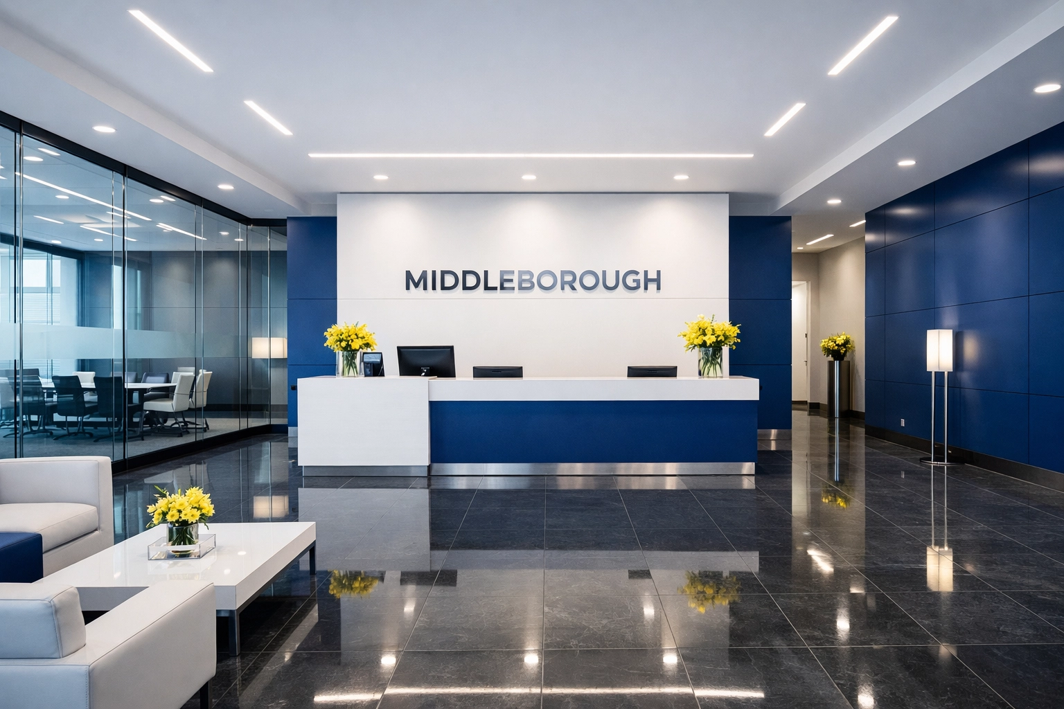 Professionally cleaned corporate lobby in Middleborough featuring polished floors and modern reception area.