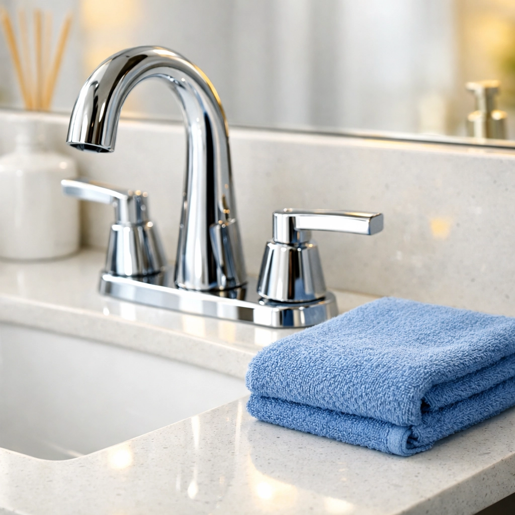 Sanitized bathroom vanity with polished chrome faucet and clean white quartz countertop.