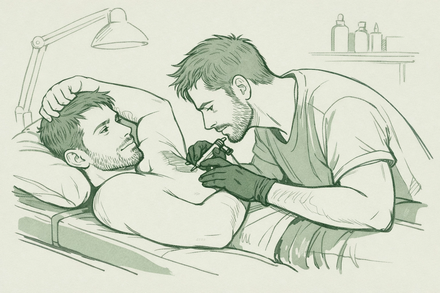 Two men connect during intimate tattoo session in parlor - MM romance moment