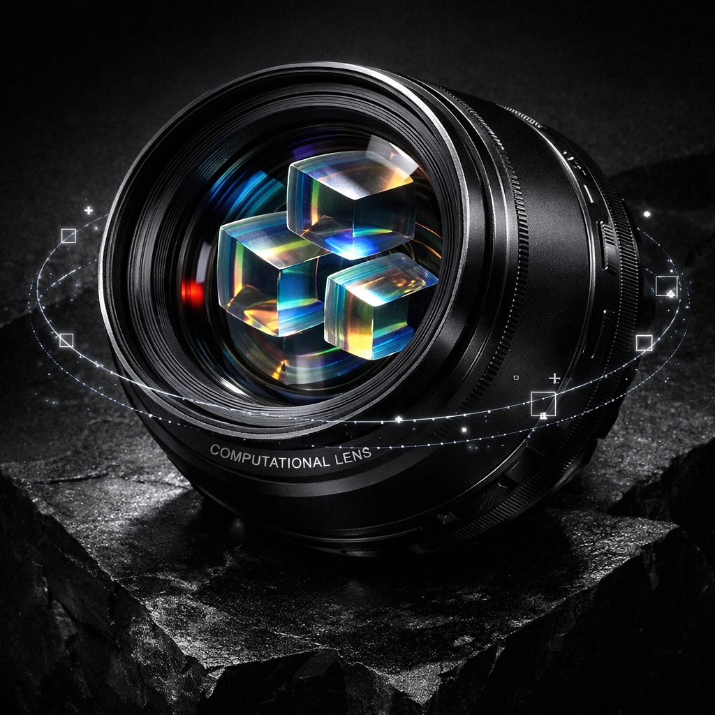 Close-up of a futuristic computational lens designed for next-gen photography.