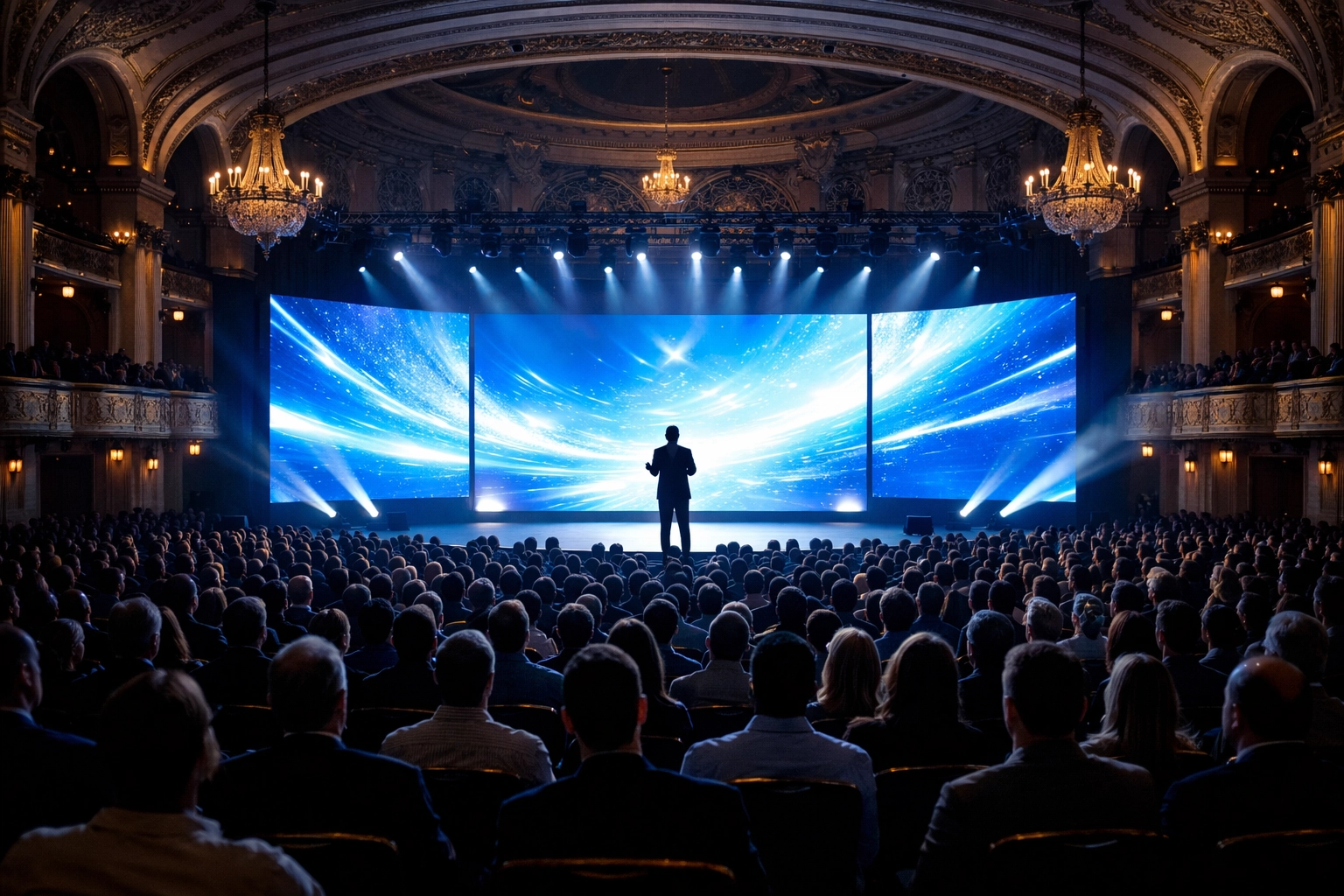 Dynamic conference photography of a keynote presentation stage with a large audience in New York City.