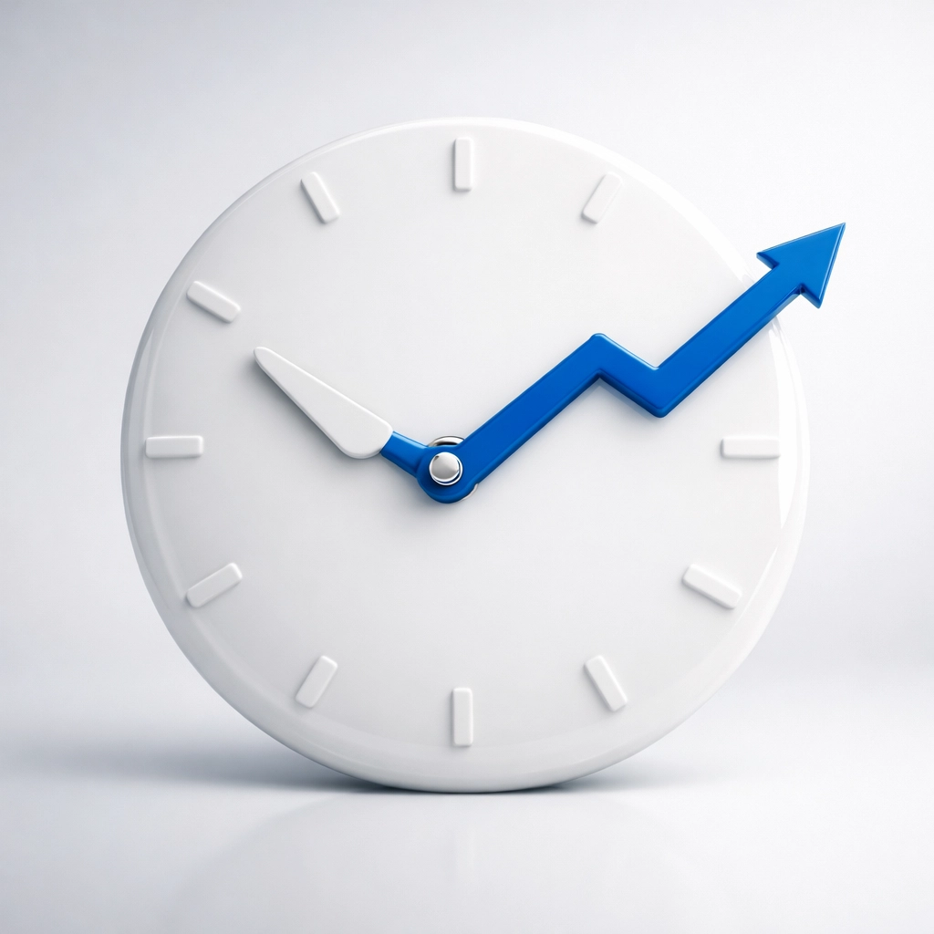 Minimalist clock transitioning into a rising trend line showing the ROI of optimizing meeting time.