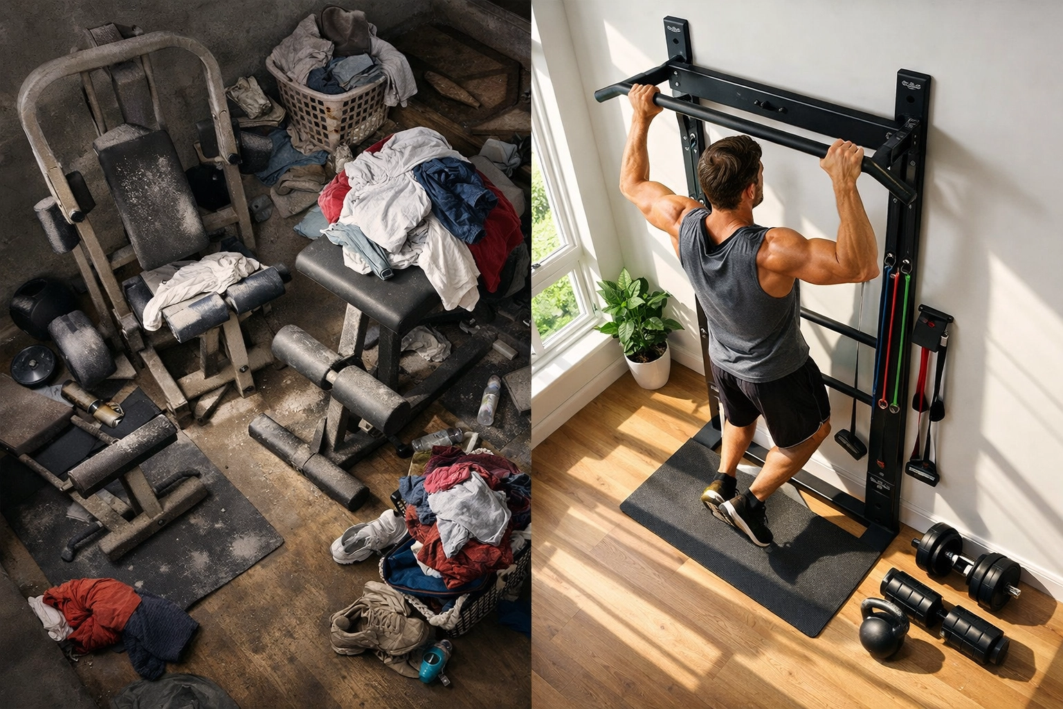Cluttered single-purpose gym machines versus efficient multi-functional home gym equipment