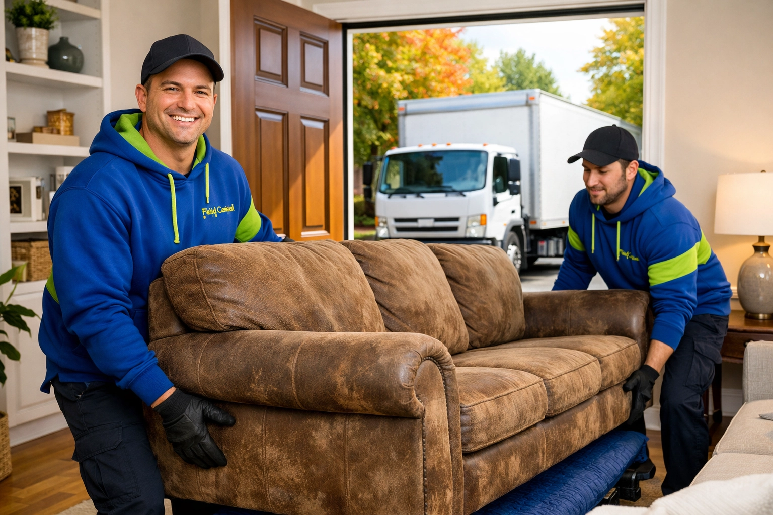 Junk GTA owner Roman and crew moving a bulky sofa for furniture removal service in Newmarket.