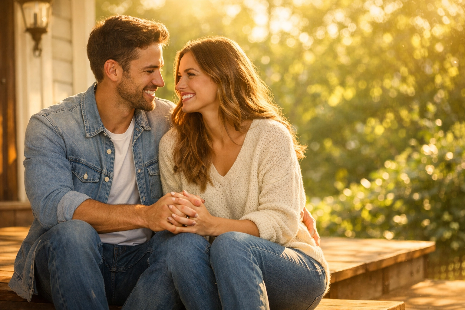 A joyful Christian couple holds hands on a sunny porch, symbolizing a vibrant and evergreen faith.