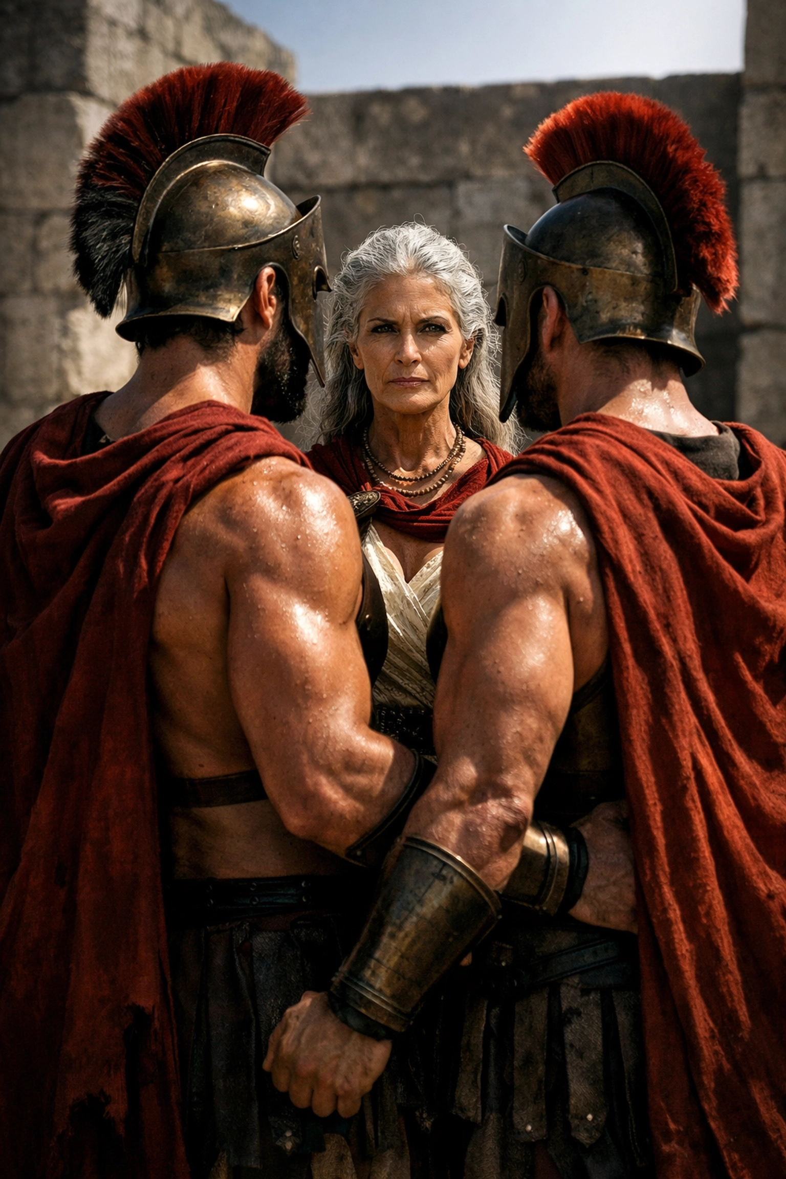 Two Spartan warriors standing with their proud mother, honoring family bonds in Ancient Greece.