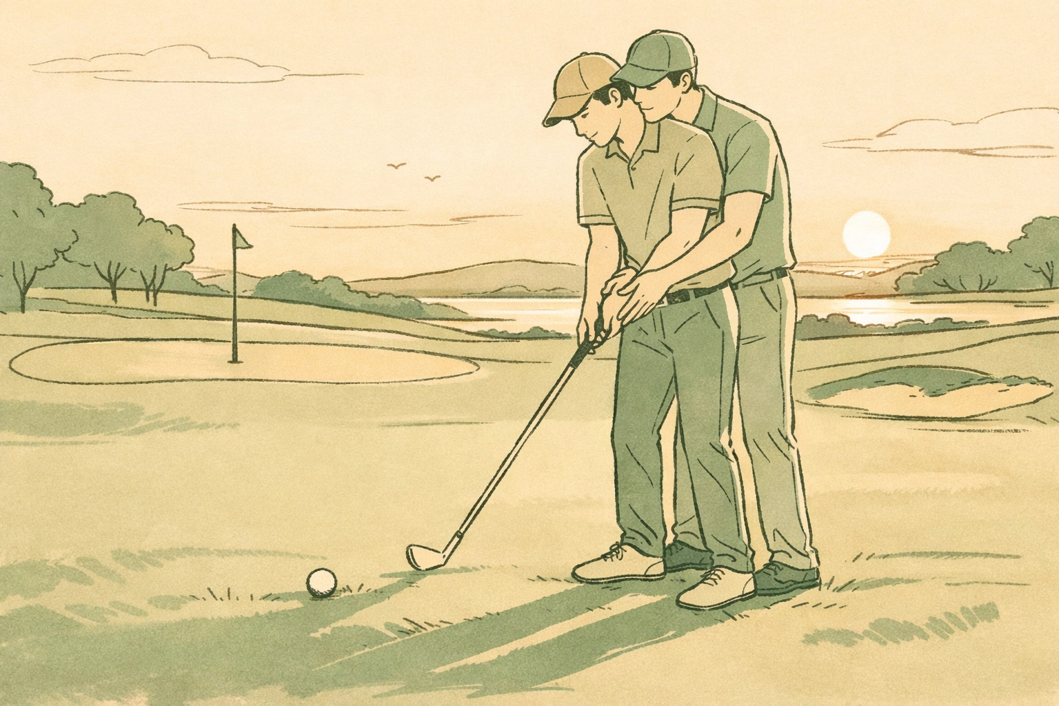 Gay couple on golf course sharing tender moment - Love on the Back Nine MM romance