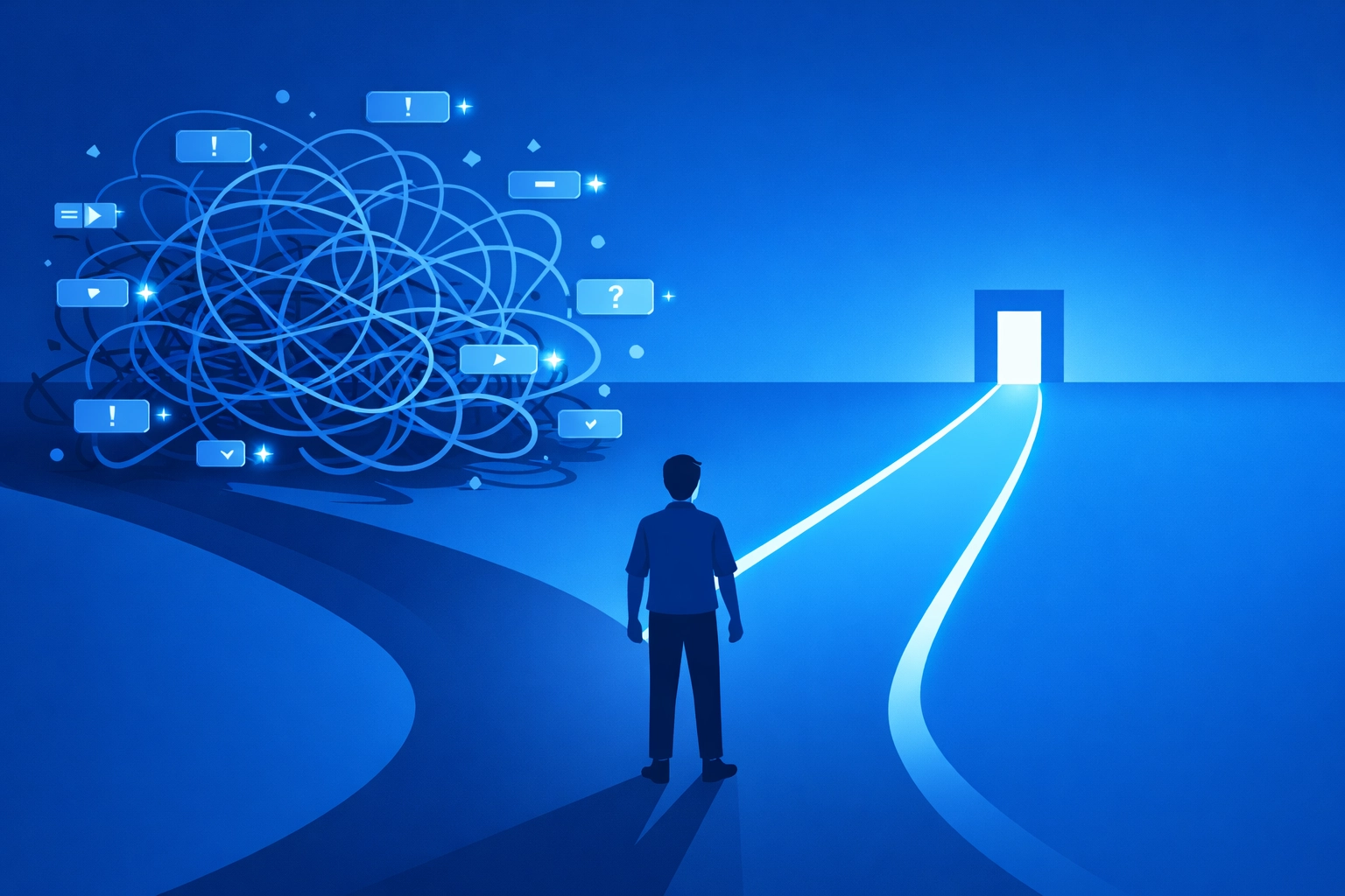 Illustration showing a clear path versus a cluttered path to avoid website choice overload